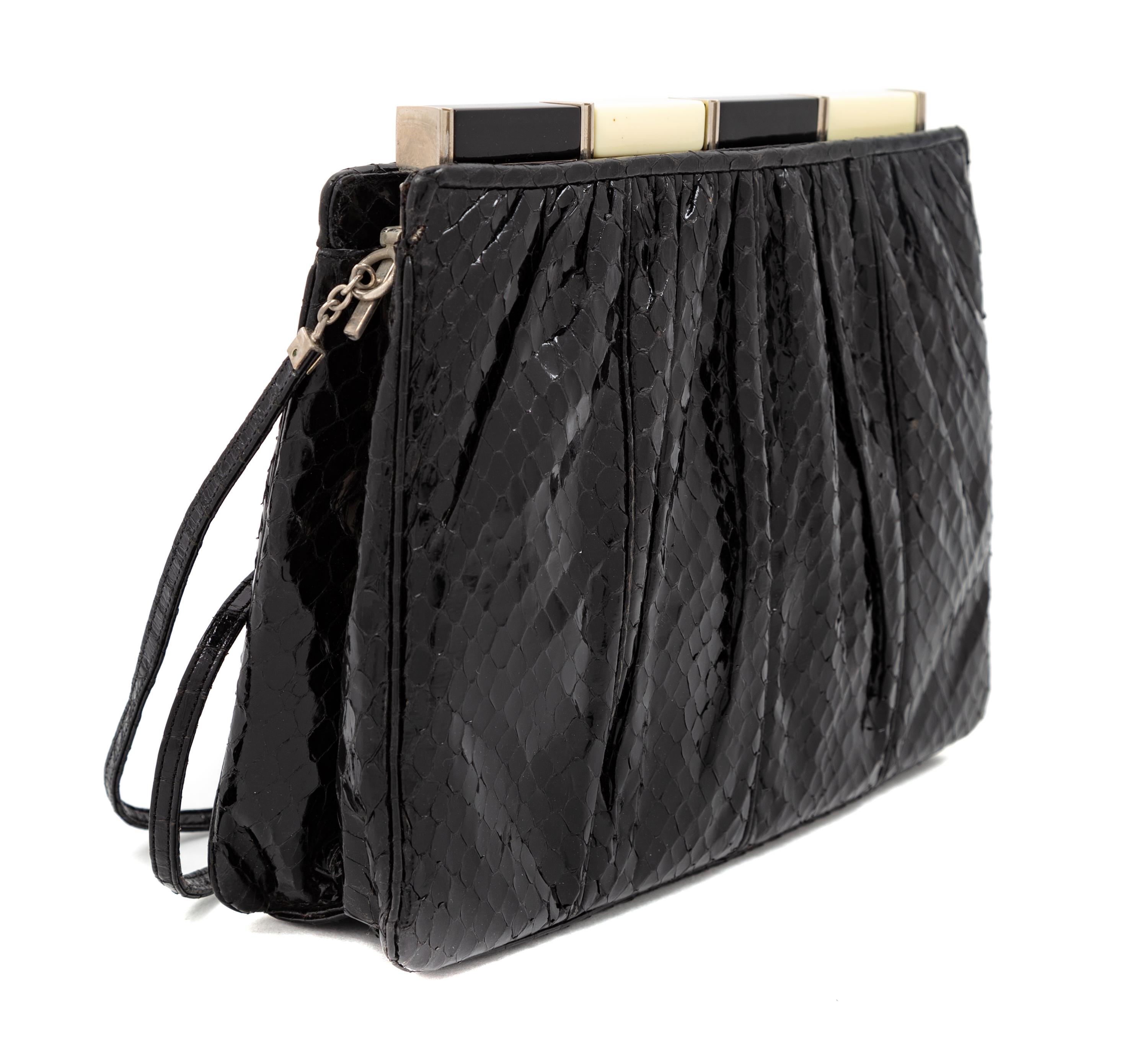 Judith Leiber Black Snakeskin Clutch 6.75" H x 8.5" W x 2" D; Strap drop: 20"