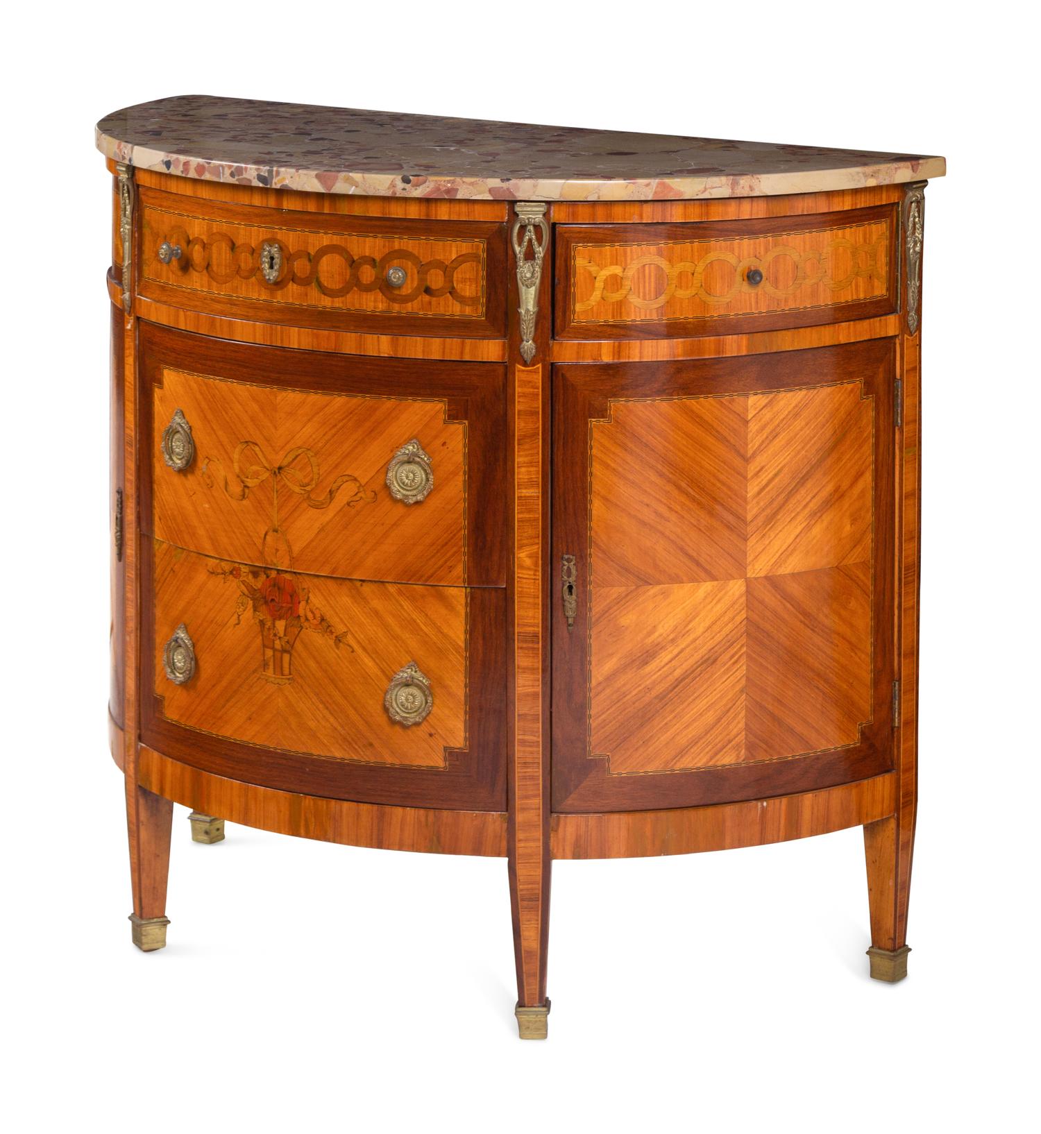 A Louis XVI Style Gilt Metal-Mounted Marquetry Marble-Top Demilune Commode