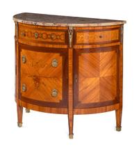 A Louis XVI Style Gilt Metal-Mounted Marquetry Marble-Top Demilune Commode