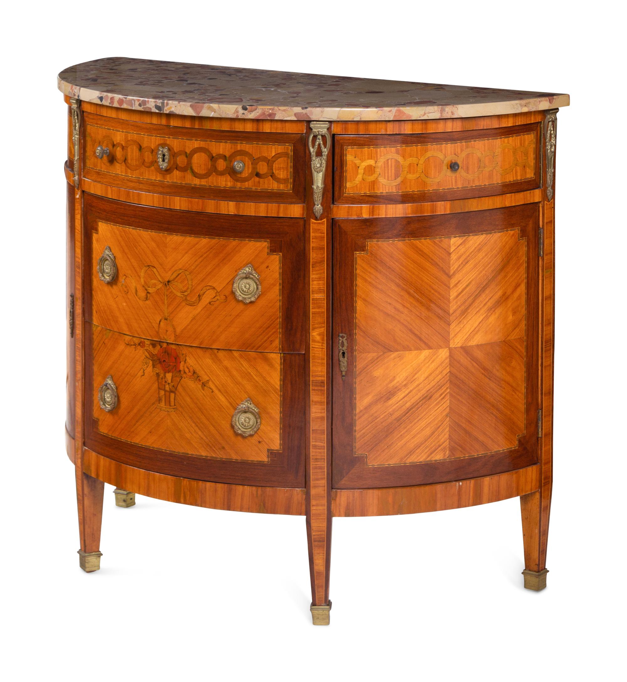A Louis XVI Style Gilt Metal-Mounted Marquetry Marble-Top Demilune Commode