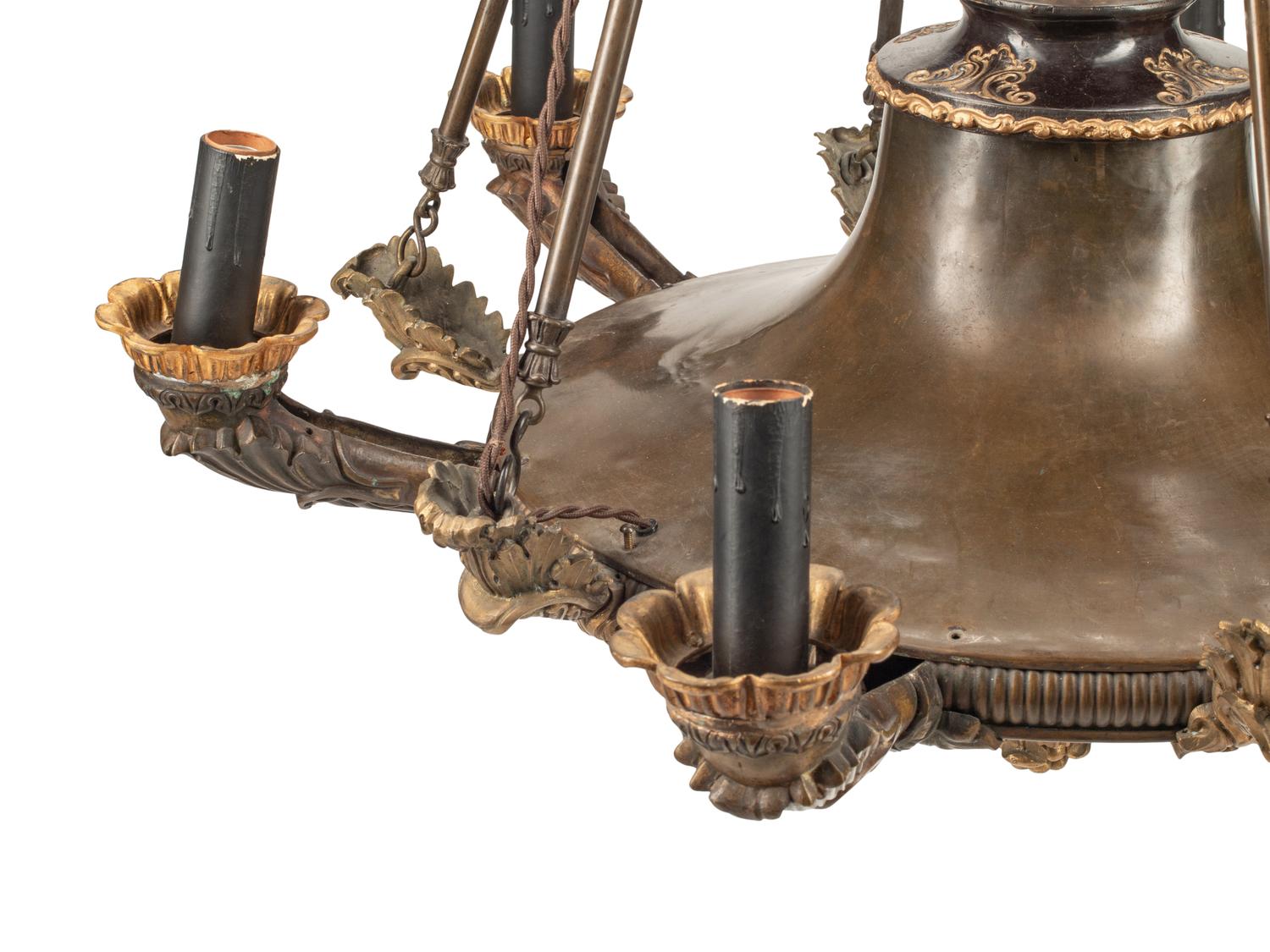 An Empire Style Bronze and Tôle Six-Light Chandelier