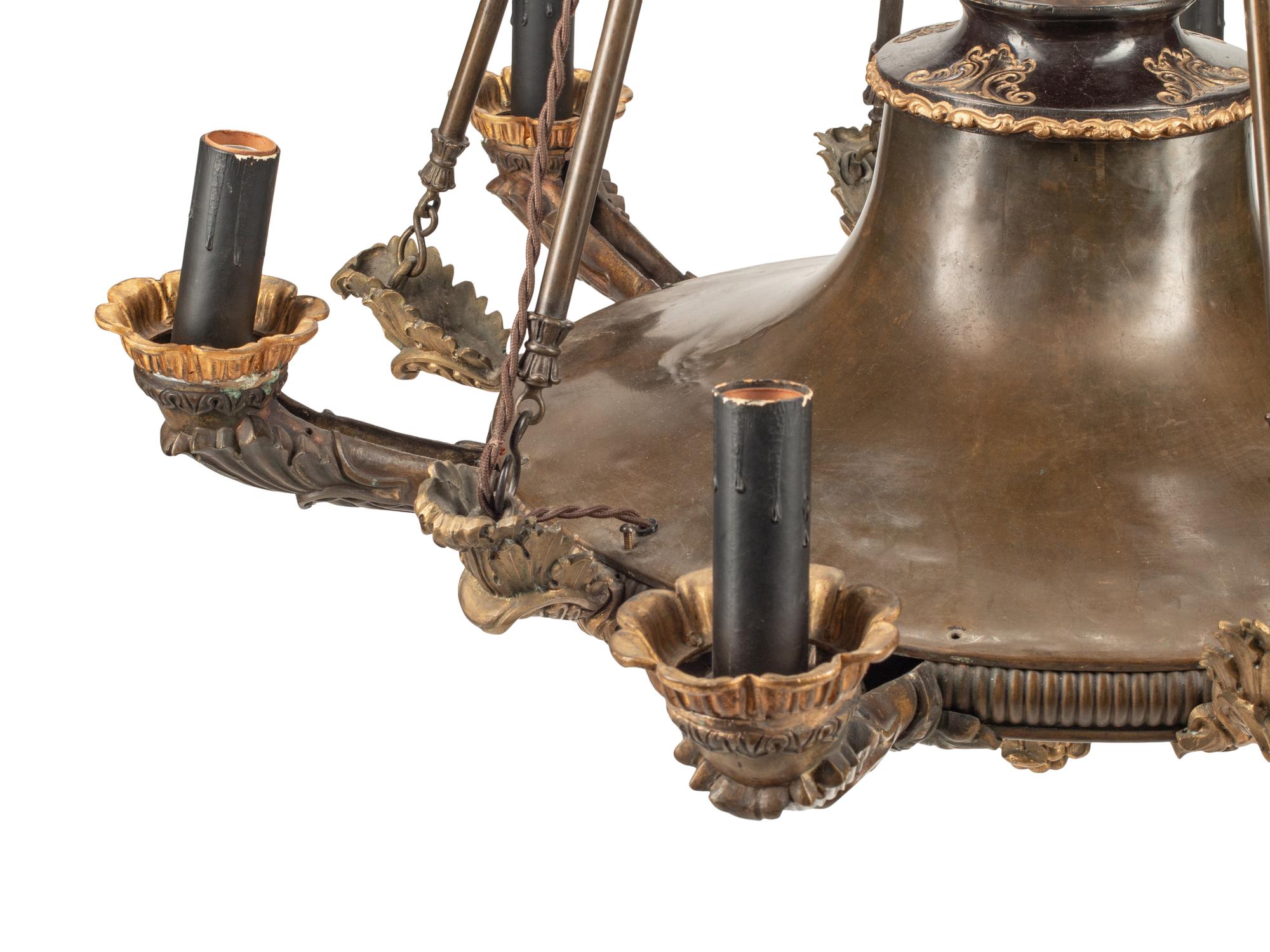 An Empire Style Bronze and Tôle Six-Light Chandelier
