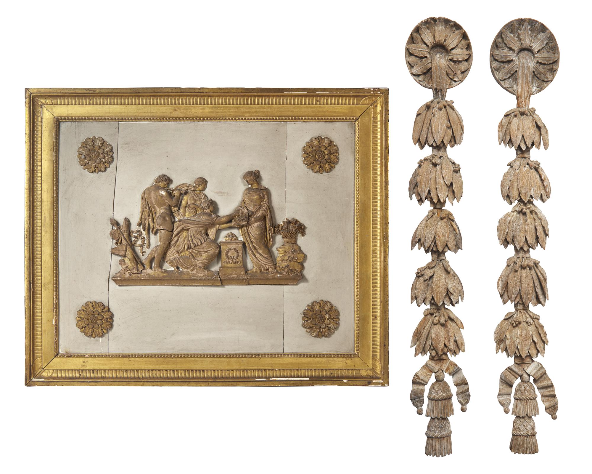 A Painted Panel With Applied Neo-Classical Figures And Pair Of Carved Wood Garlands
