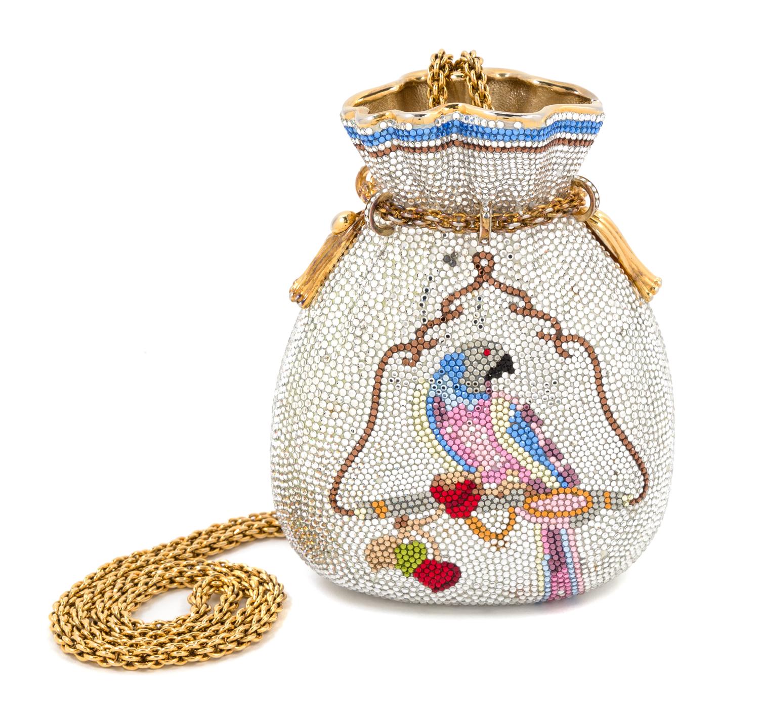 A Judith Leiber Miser's Bag Minaudiere, 5" x 5.5" x 2"; Strap drop: 20.5."
