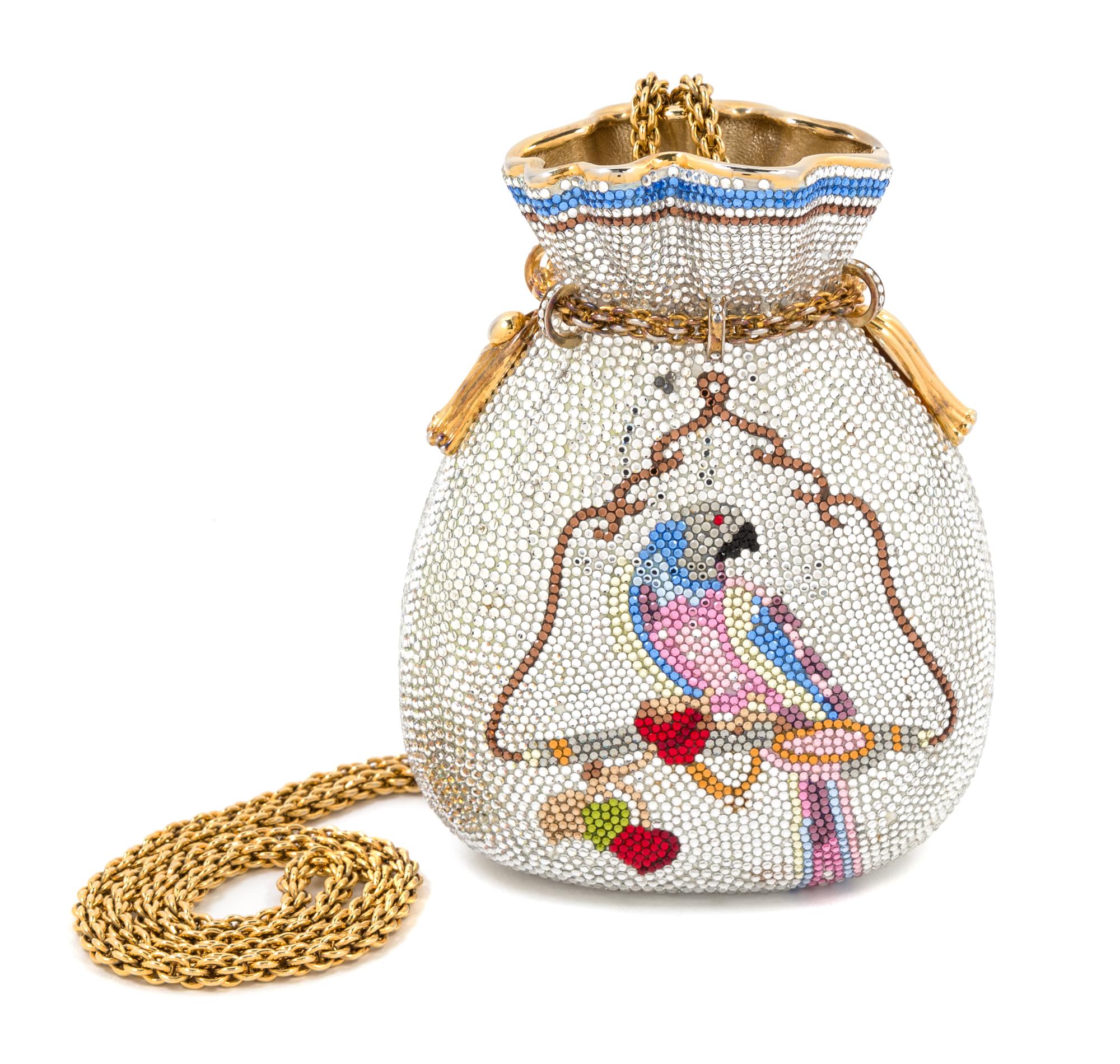 A Judith Leiber Miser's Bag Minaudiere, 5" x 5.5" x 2"; Strap drop: 20.5."