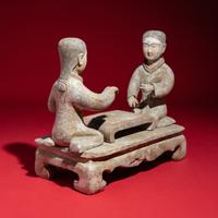 Two Chinese Painted Pottery Ladies Playing Liubo , Western Han Dynasty — 西漢 灰陶彩繪女對弈俑一組