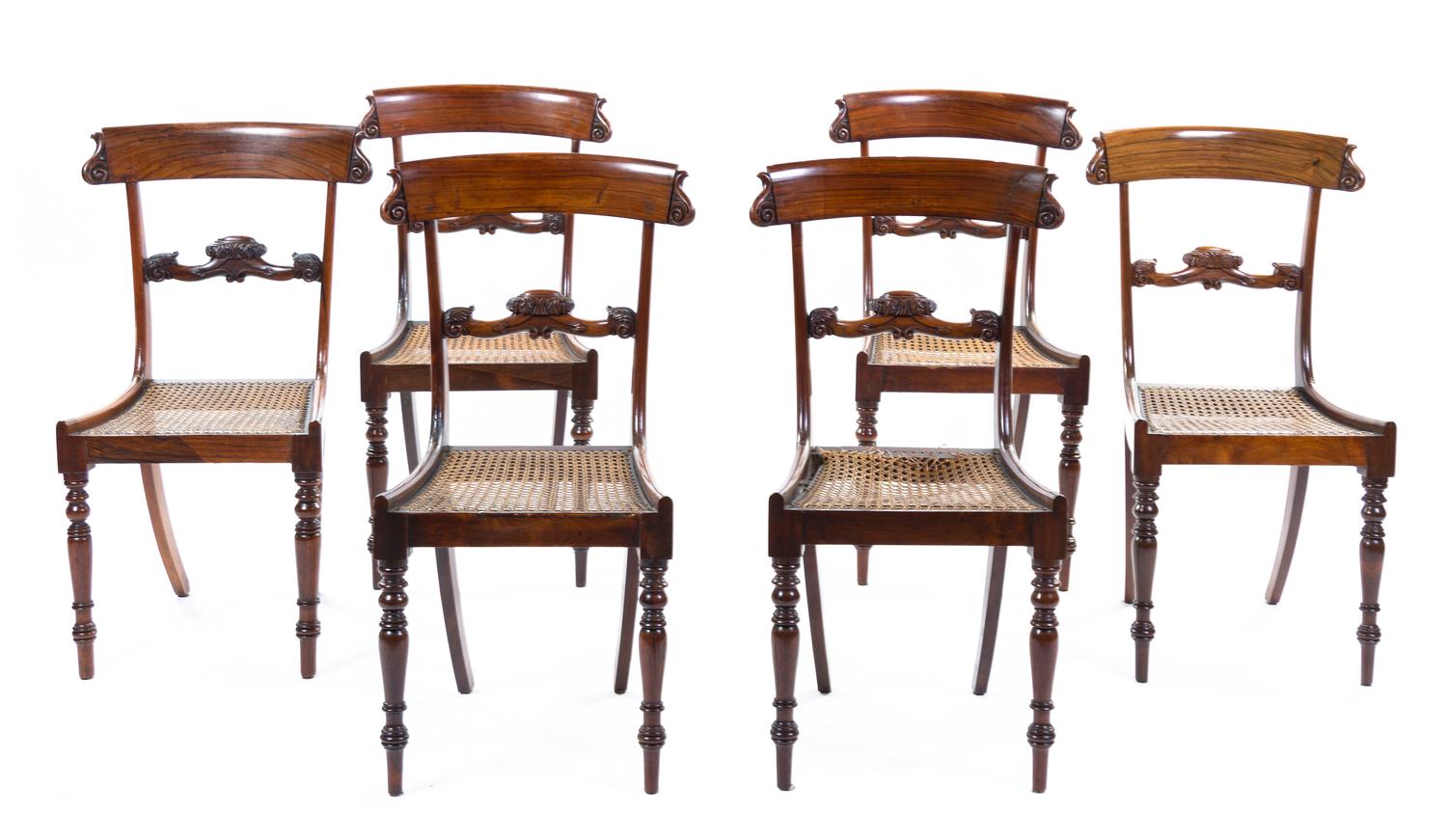 A Set of Six Regency Mahogany Side Chairs, Height 34 1/2 inches.