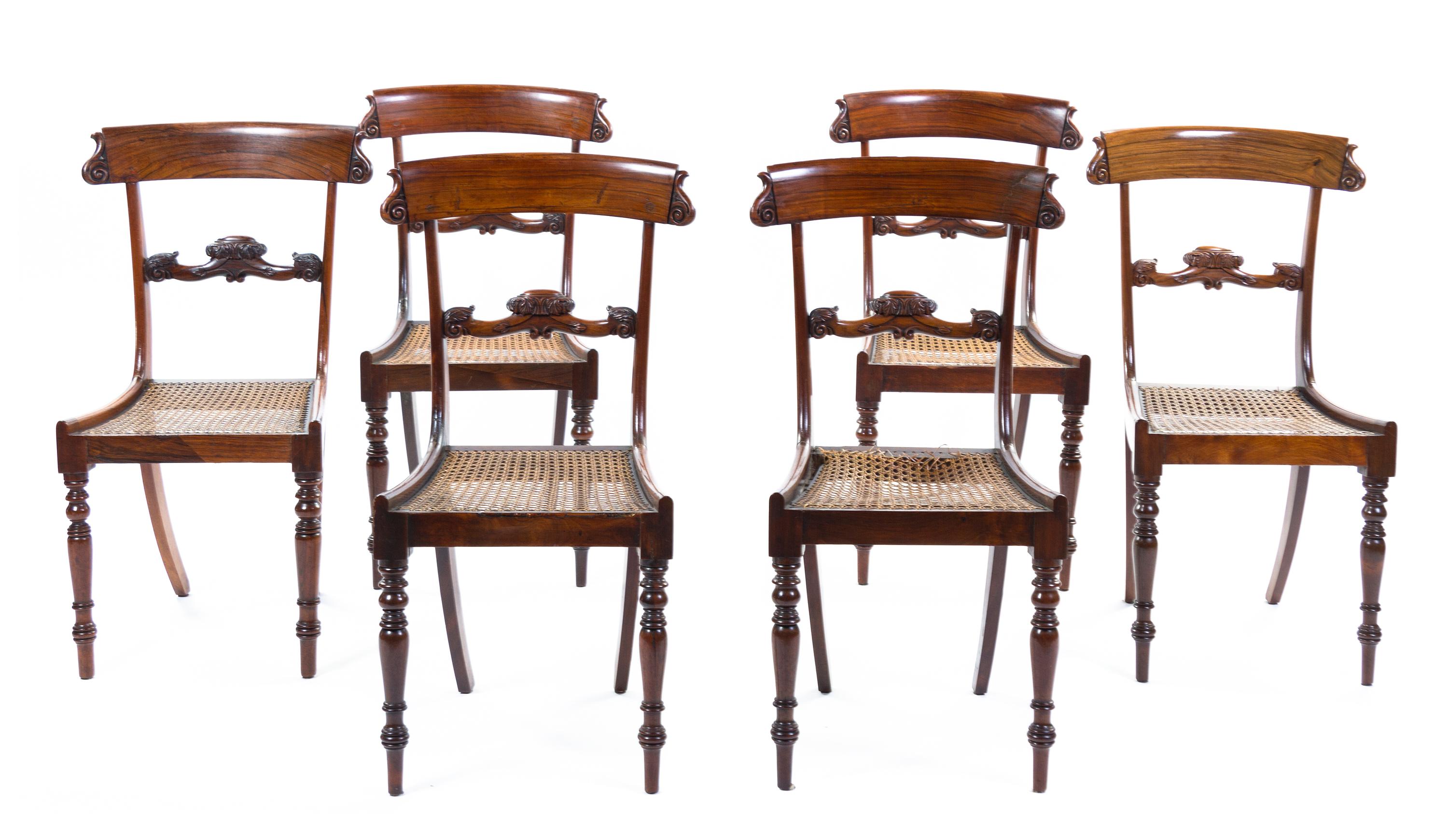 A Set of Six Regency Mahogany Side Chairs, Height 34 1/2 inches.
