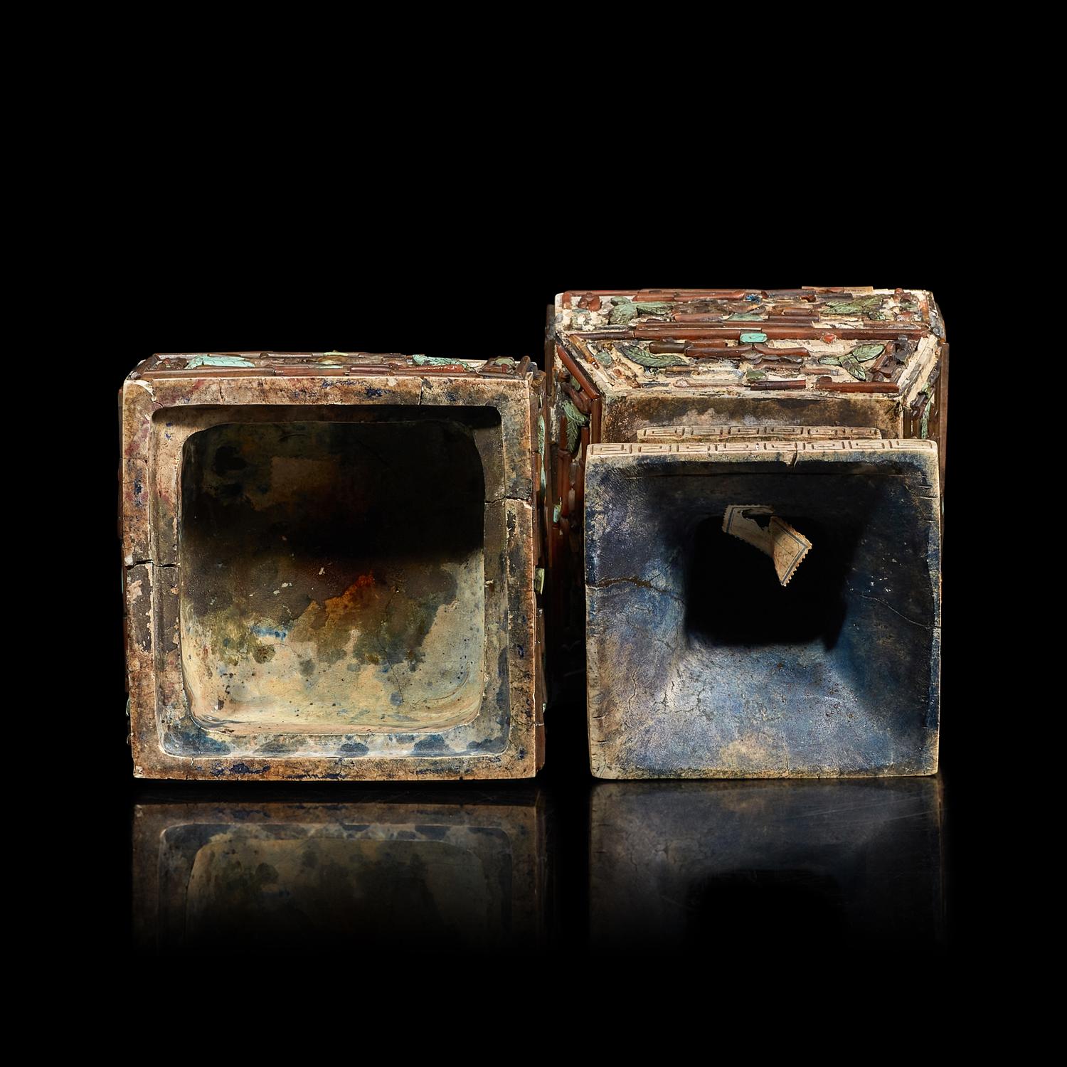 A Chinese Turquoise and Hardstone Inlaid Stone Covered Vessel 嵌寶雕石蓋盒