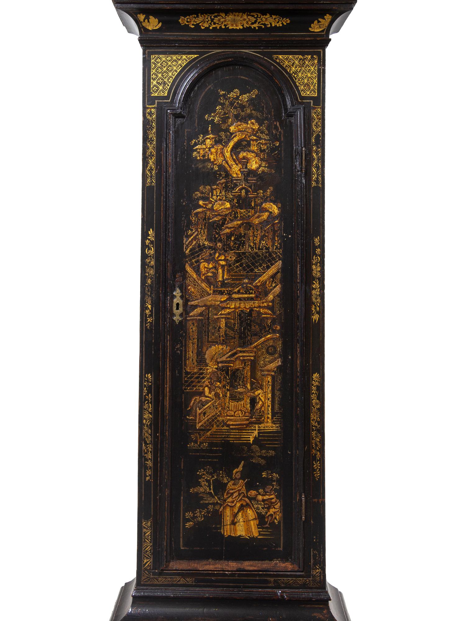 A George III Parcel Gilt and Black Lacquered Chinoiserie Decorated Tall Case Clock