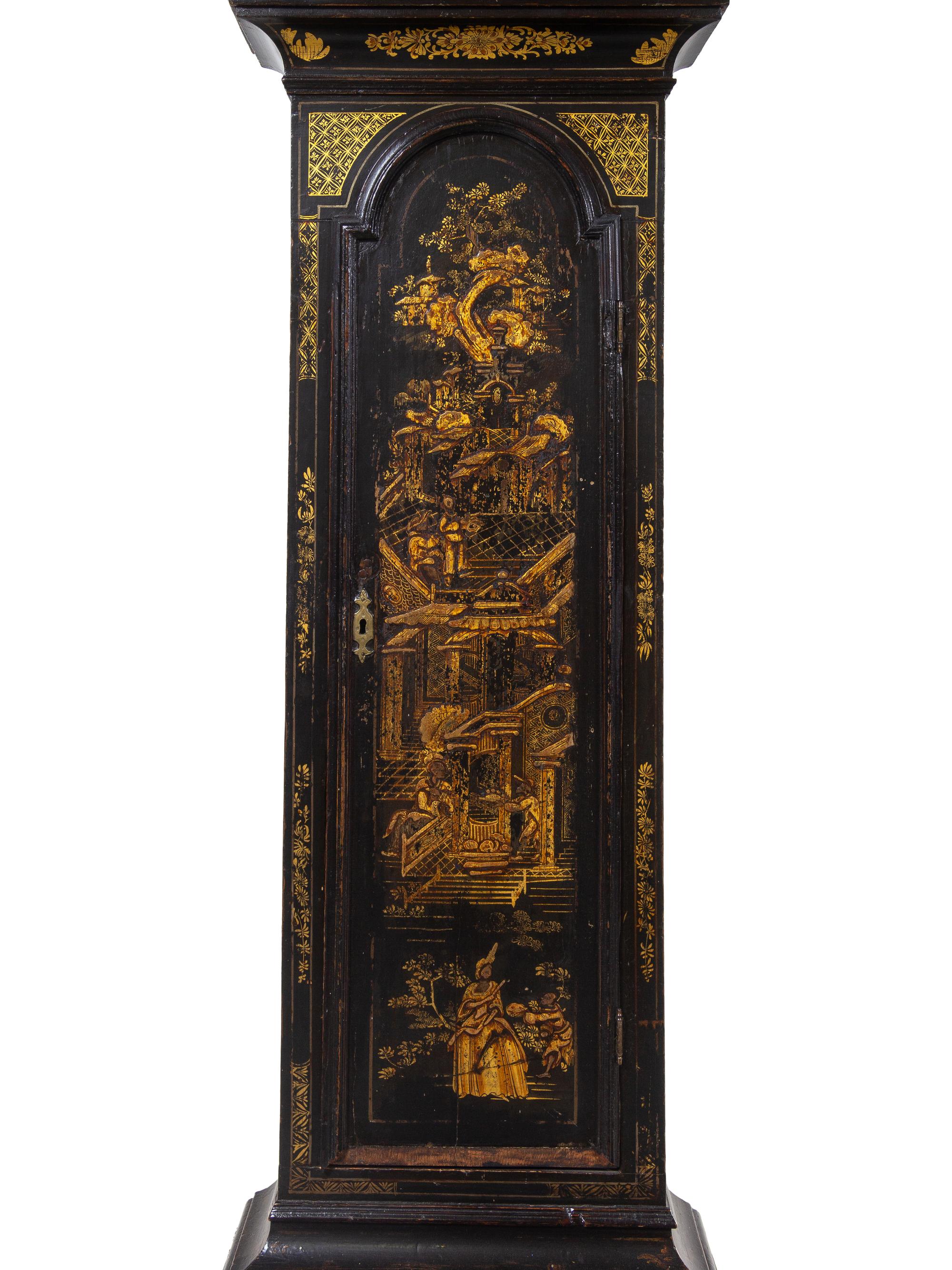 A George III Parcel Gilt and Black Lacquered Chinoiserie Decorated Tall Case Clock