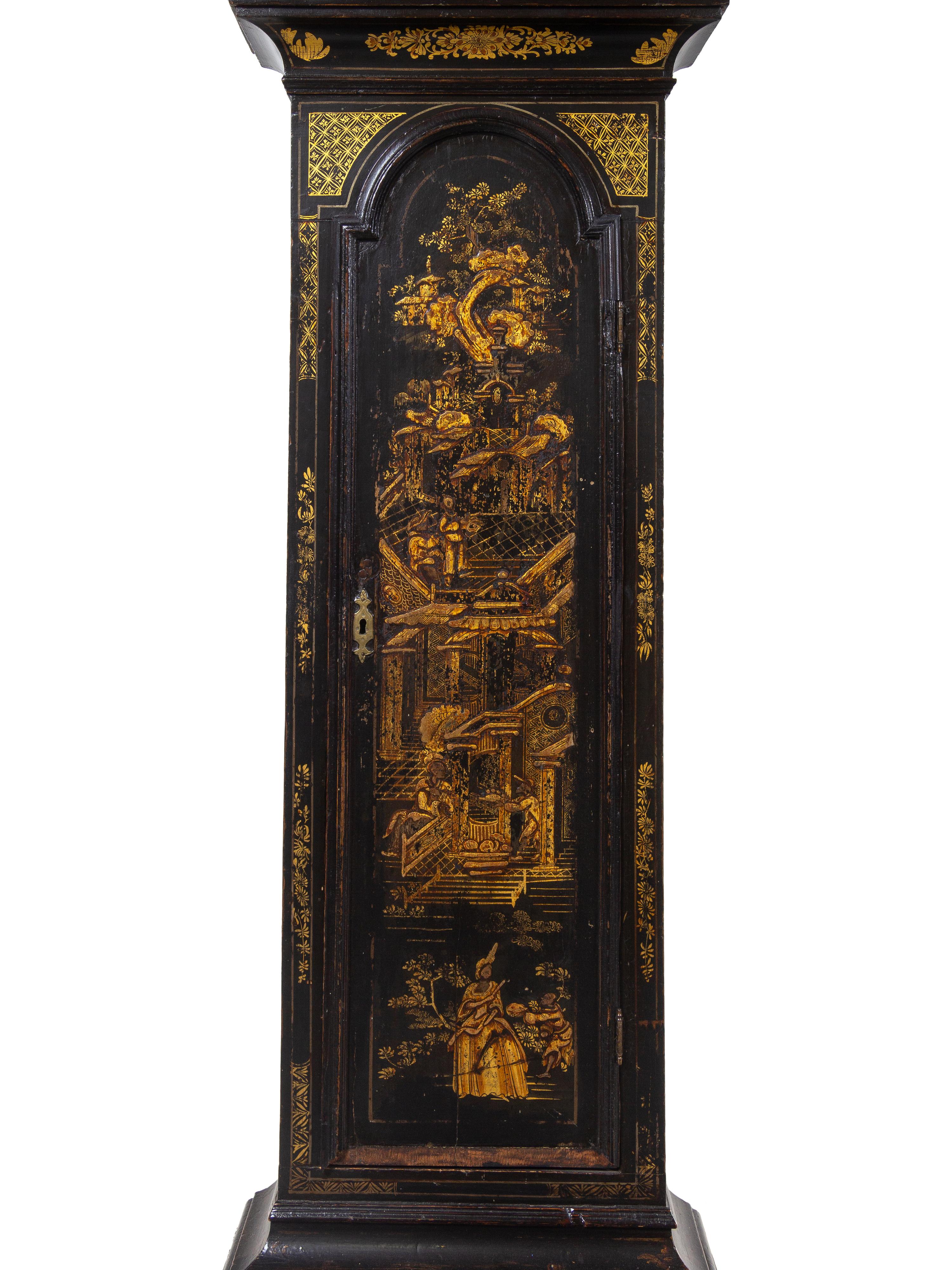 A George III Parcel Gilt and Black Lacquered Chinoiserie Decorated Tall Case Clock