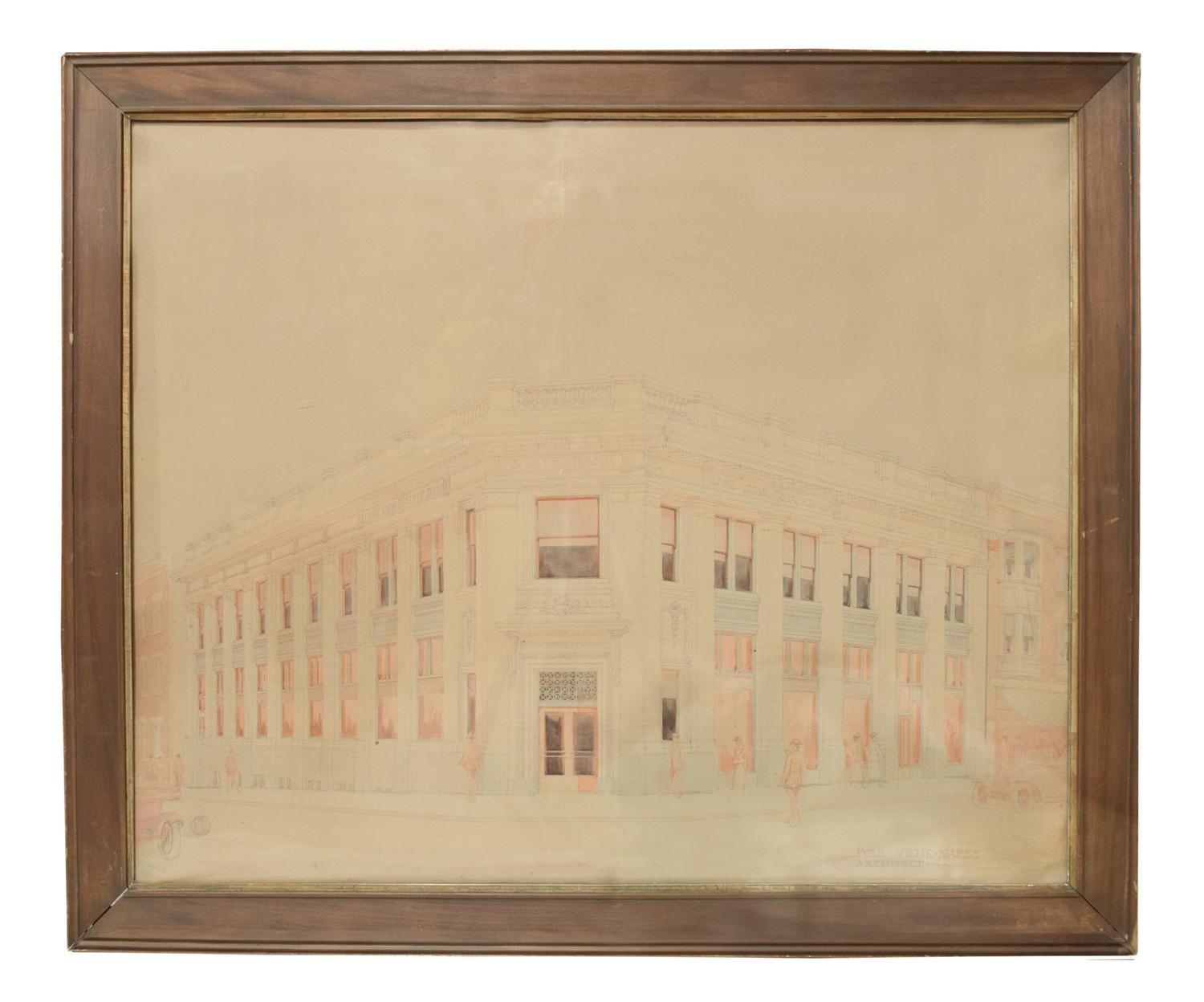 A Hand Rendered Presentation Drawing of the Lake View State Bank Building at Clark & Belmont in Chicago, IL. 34.5" W x .75" D x 29.5" H — United States, 20th Century