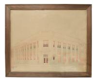 A Hand Rendered Presentation Drawing of the Lake View State Bank Building at Clark & Belmont in Chicago, IL. 34.5" W x .75" D x 29.5" H — United States, 20th Century