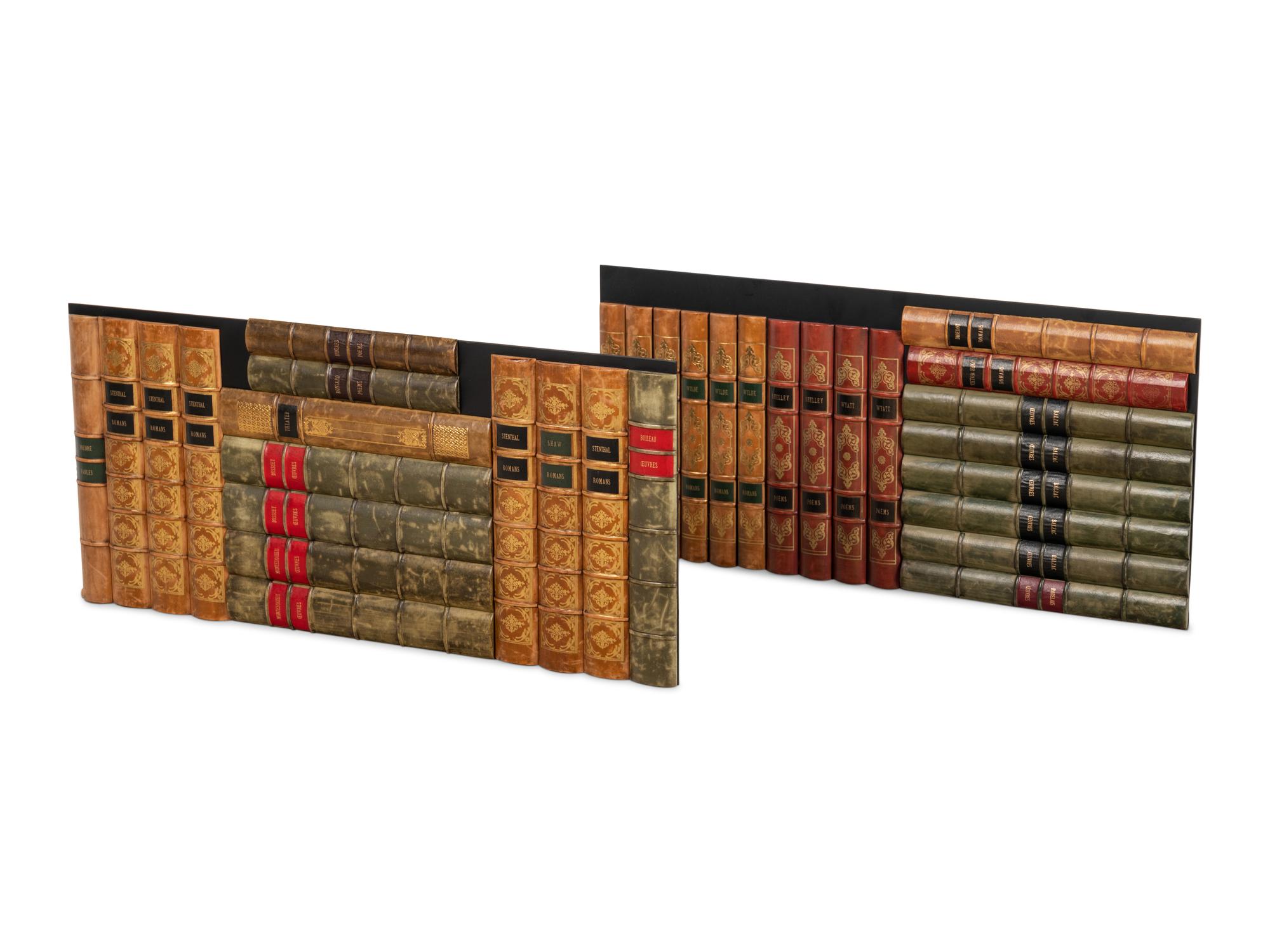 Twenty-Six Custom Gilt-Tooled and Leather-Accented Shelf Plaques Simulating Books