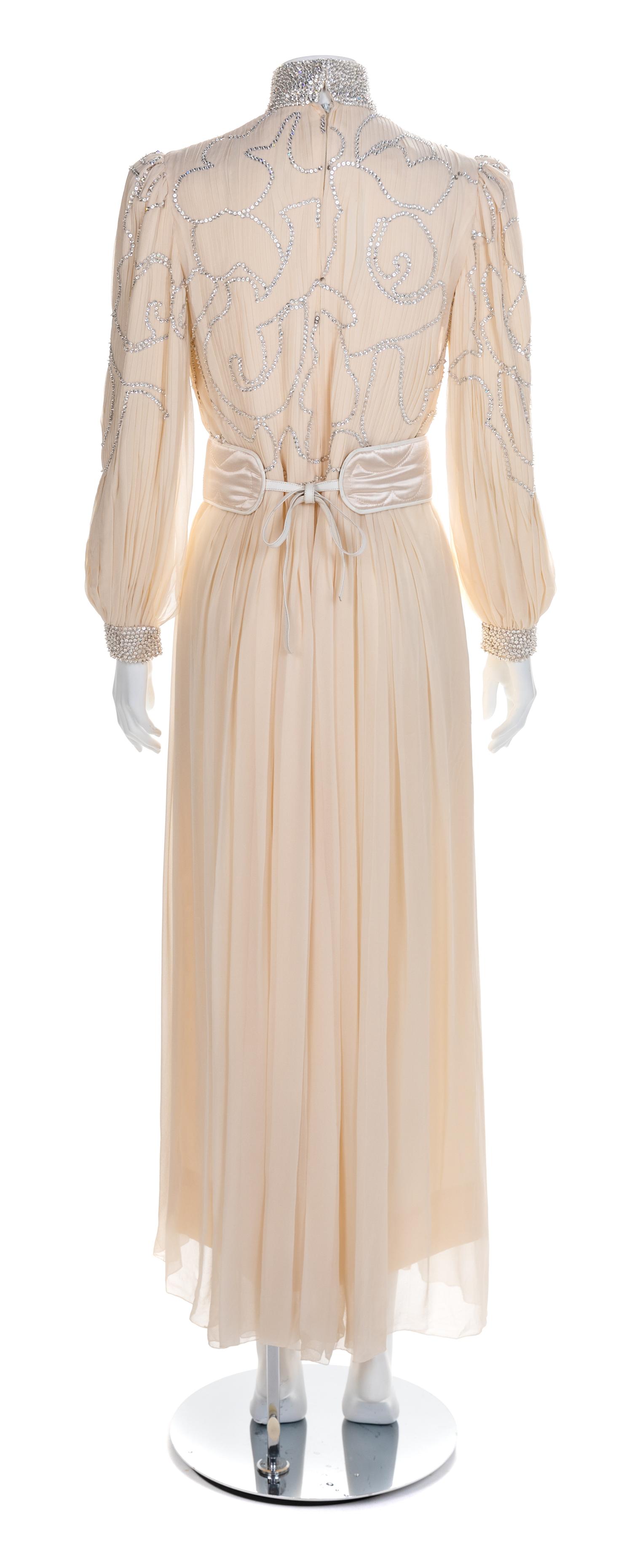Galanos Sheer Cream Chiffon Pleated Gown and Belt, 1970s No size label
