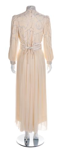 Galanos Sheer Cream Chiffon Pleated Gown and Belt, 1970s No size label