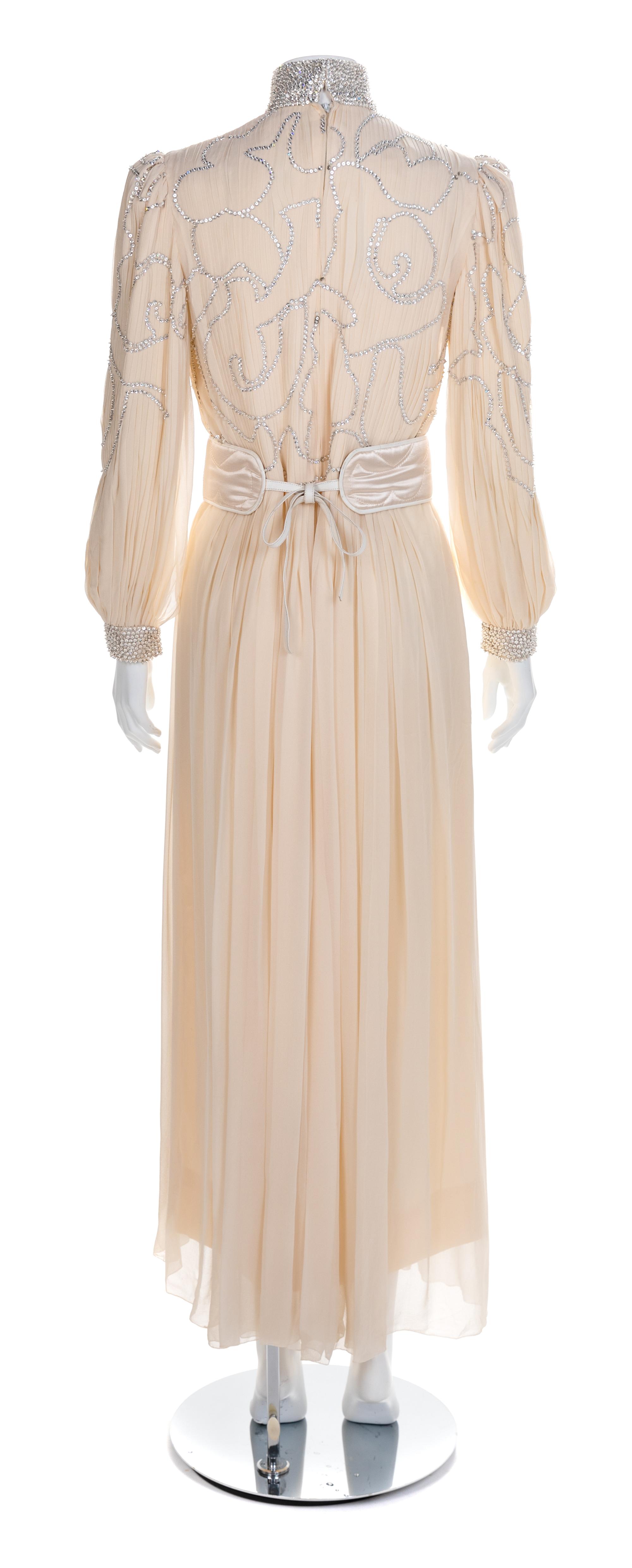 Galanos Sheer Cream Chiffon Pleated Gown and Belt, 1970s No size label