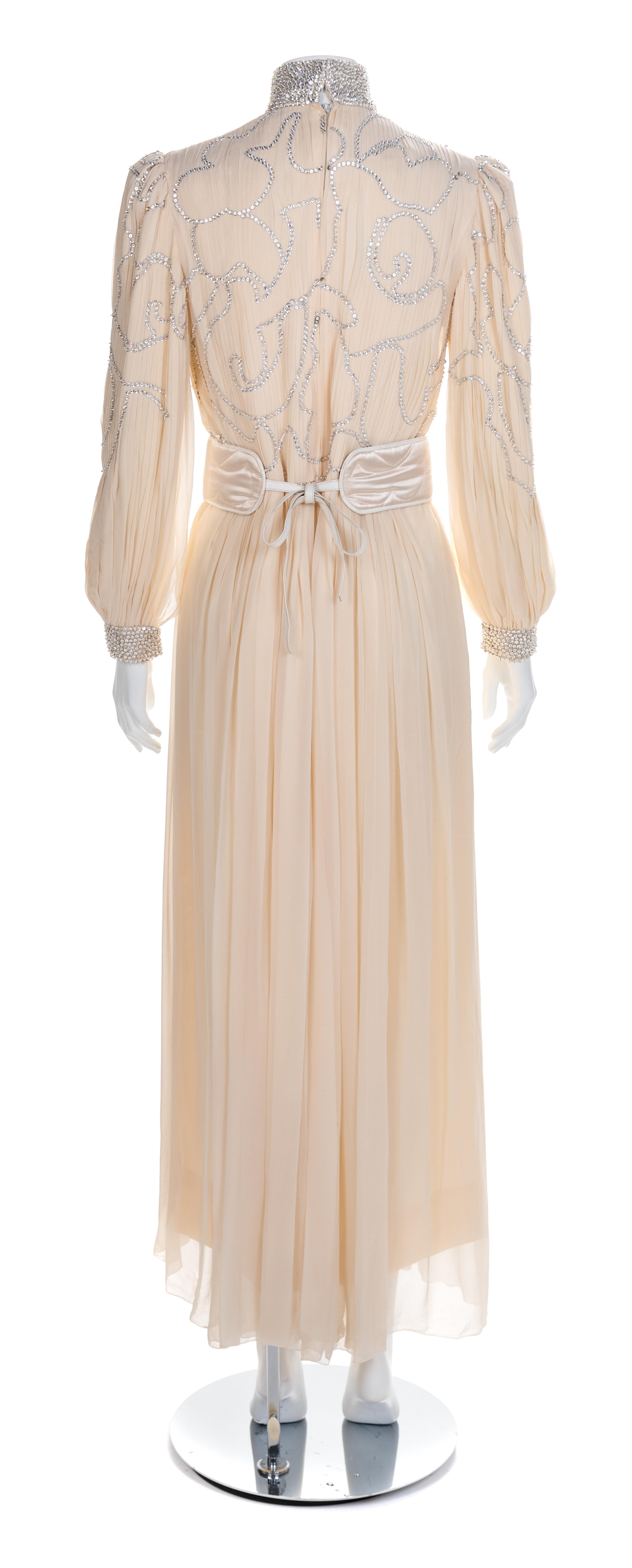Galanos Sheer Cream Chiffon Pleated Gown and Belt, 1970s No size label