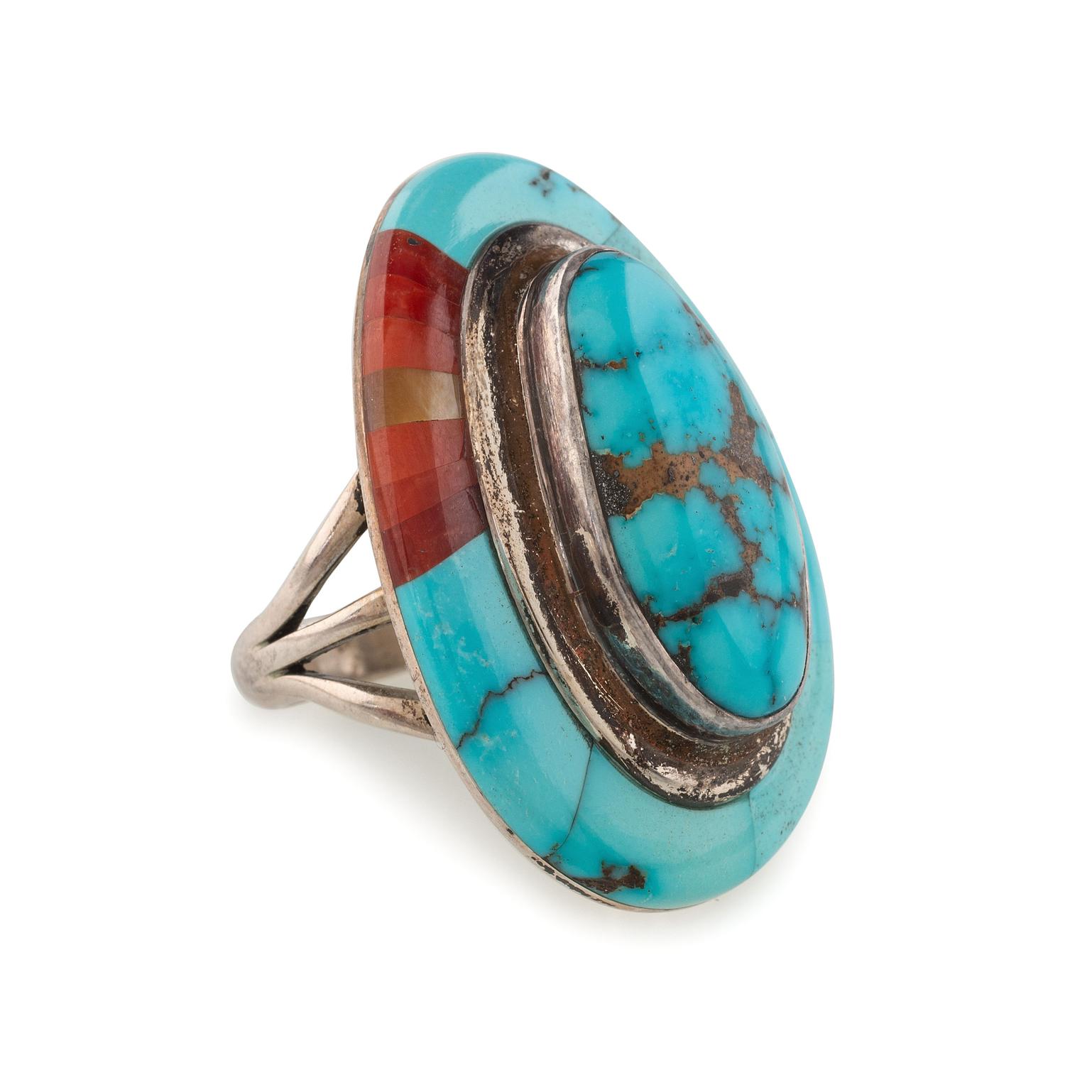 Sterling Silver, Turquoise, Coral, and Shell Ring