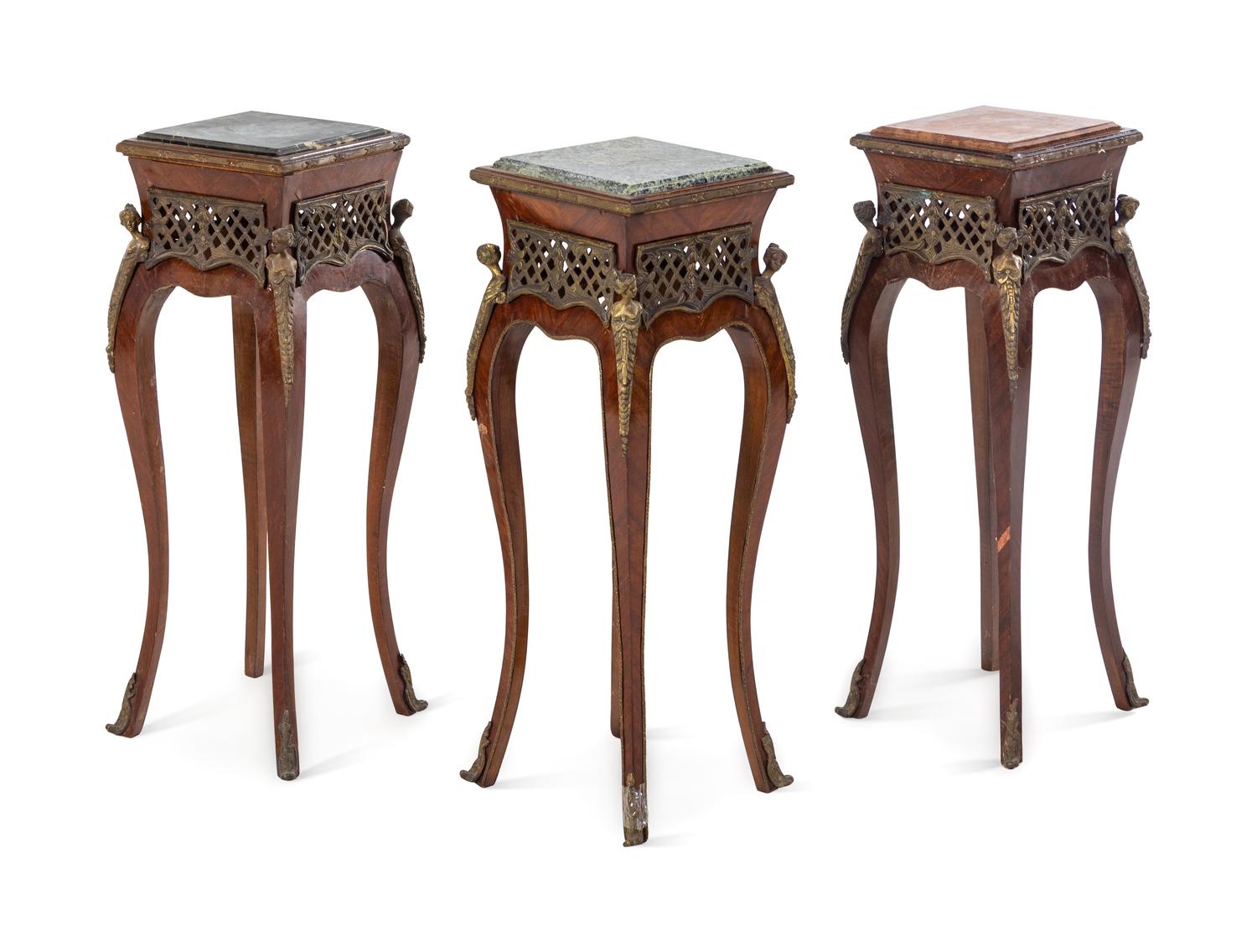 Three Louis XV Style Gilt Metal Mounted Marble Top Jardiniere Stands