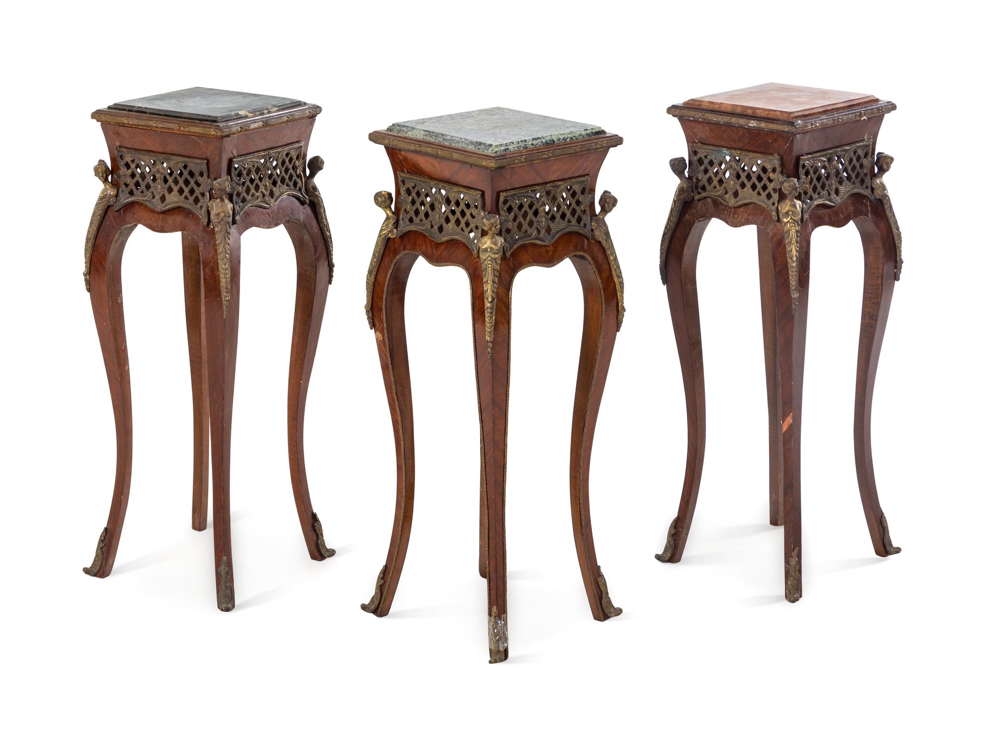 Three Louis XV Style Gilt Metal Mounted Marble Top Jardiniere Stands