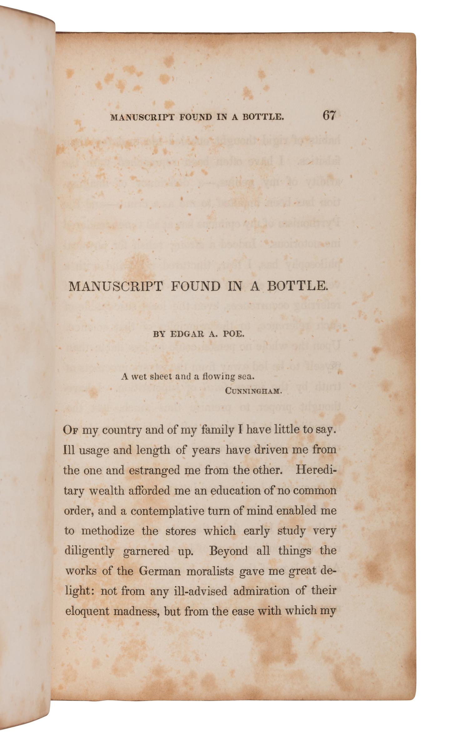 POE, Edgar Allan (1809-1849). "MS. Found in a Bottle." In: The Gift: A Christmas and New Year's Present for 1836. Philadelphia: E.L. Carey & A. Hart, [1835].