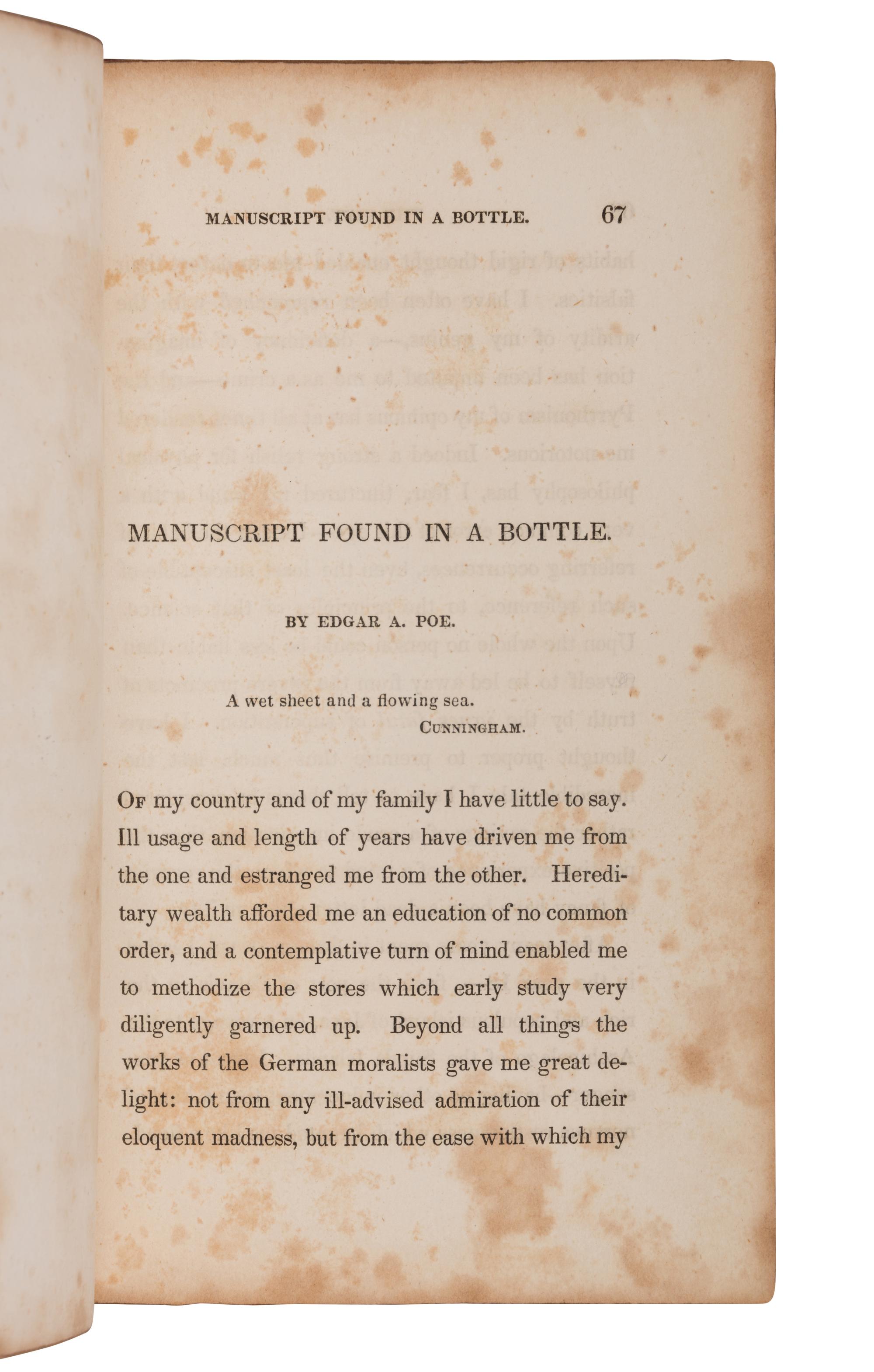POE, Edgar Allan (1809-1849). "MS. Found in a Bottle." In: The Gift: A Christmas and New Year's Present for 1836. Philadelphia: E.L. Carey & A. Hart, [1835].