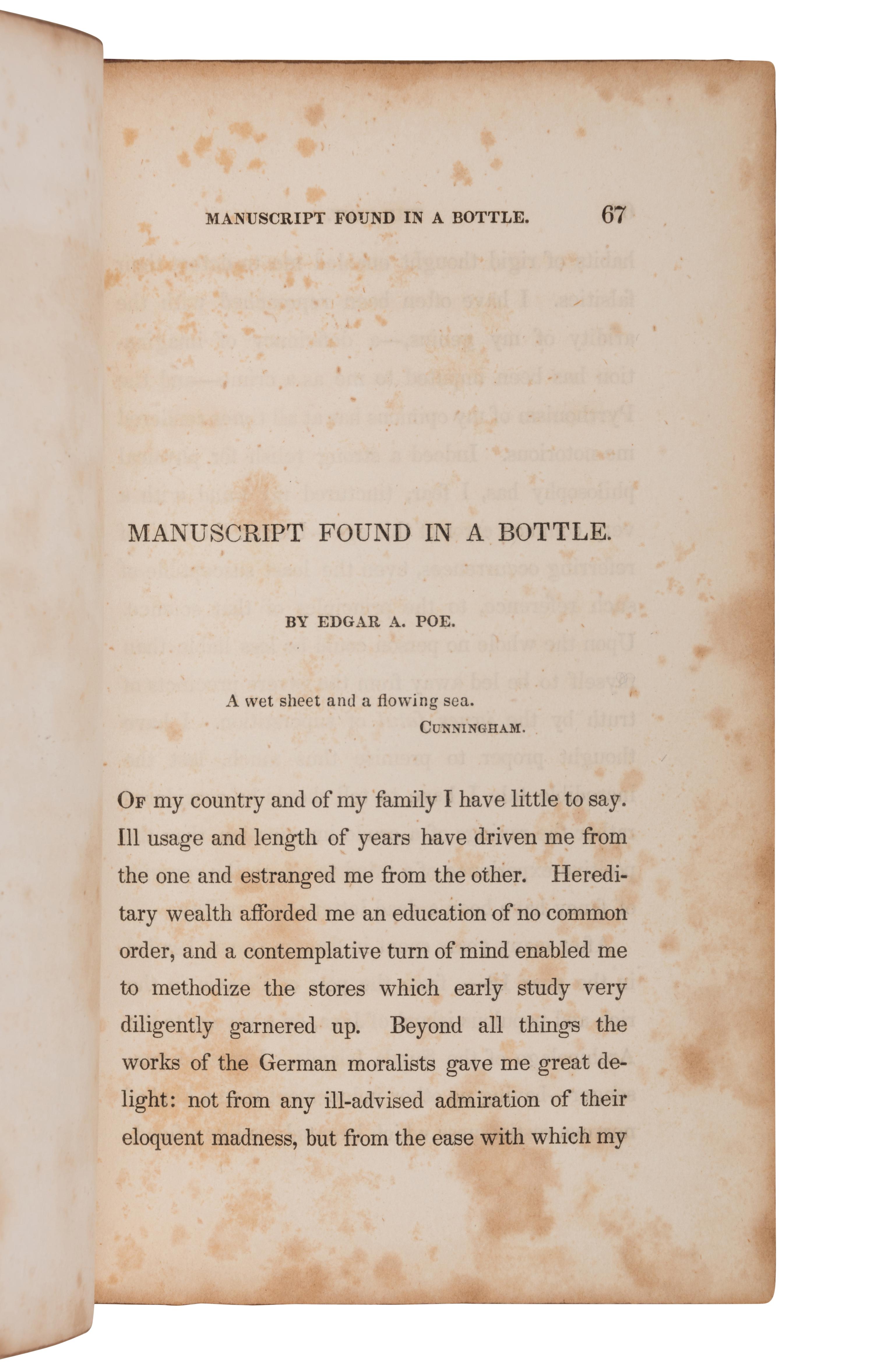 POE, Edgar Allan (1809-1849). "MS. Found in a Bottle." In: The Gift: A Christmas and New Year's Present for 1836. Philadelphia: E.L. Carey & A. Hart, [1835].