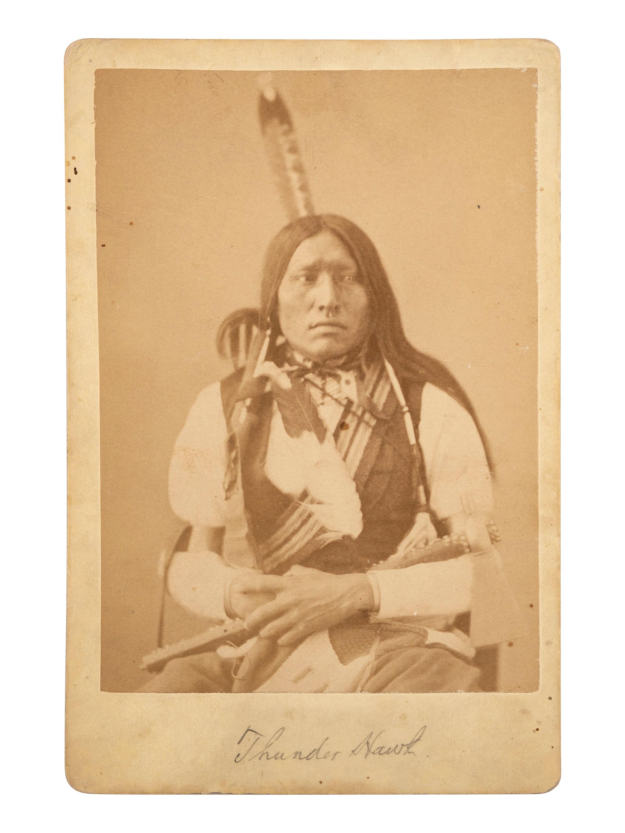 [NATIVE AMERICANS]. [JACKSON, William Henry (1843-1942) photographer]. Cabinet card of Thunder Hawk, Oncpapa. Washington, DC, ca 1872.