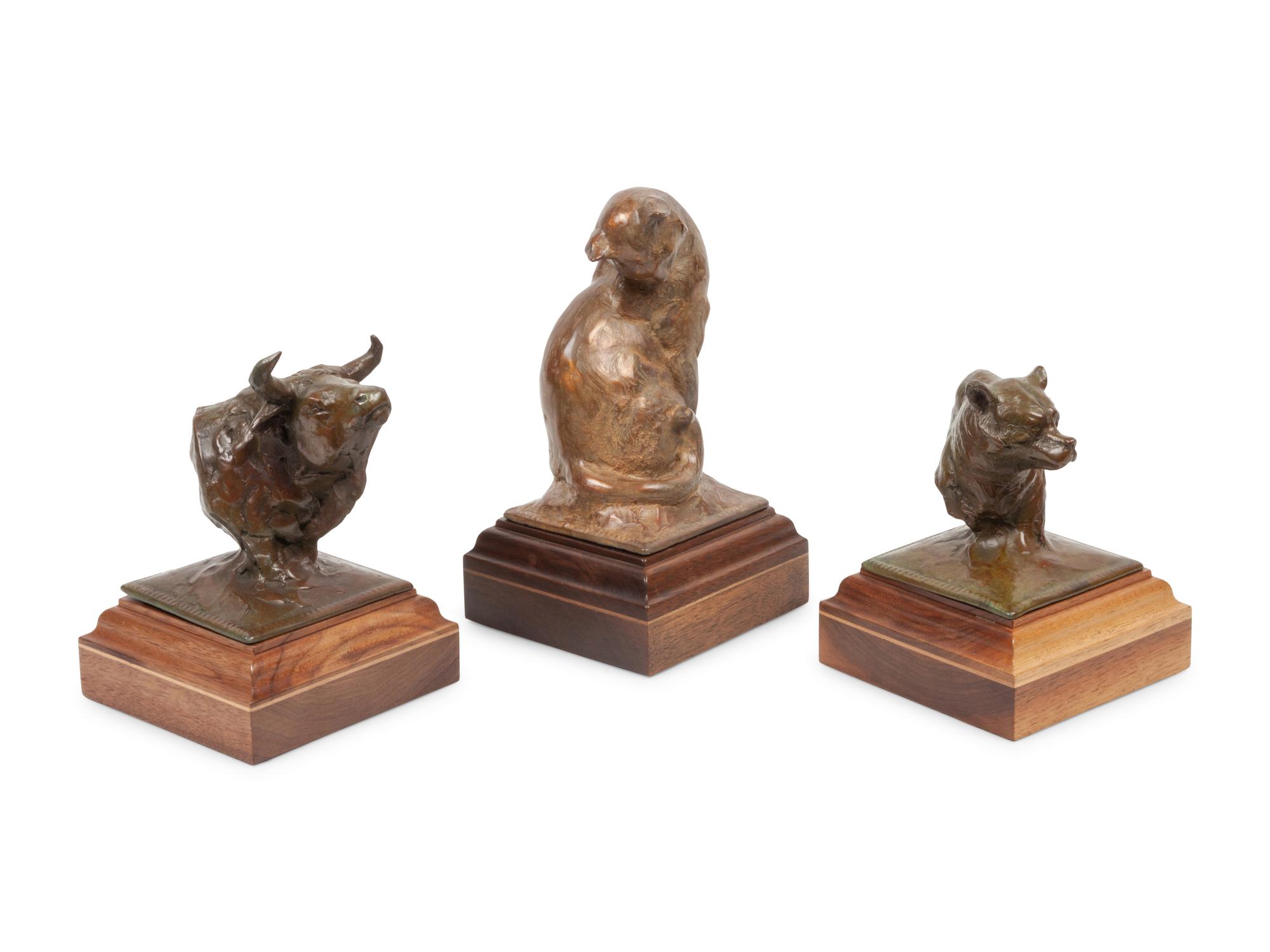 Three Sculptures: Cat , edition 25/100; Bear , edition 5/100; and Steer Head , edition 5/100