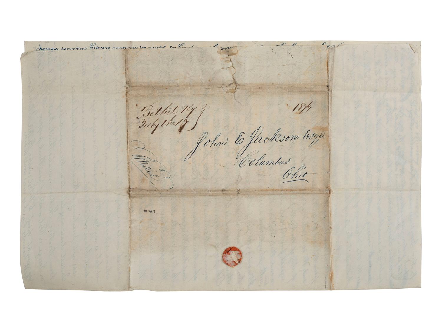 [SLAVERY & ABOLITION]. NORTH, Thomas. Autograph letter signed ("Thos. North"). Bethel, KY, 8 February 1844. Extensive discussion of Ohio abolitionists and enslavement in Kentucky.