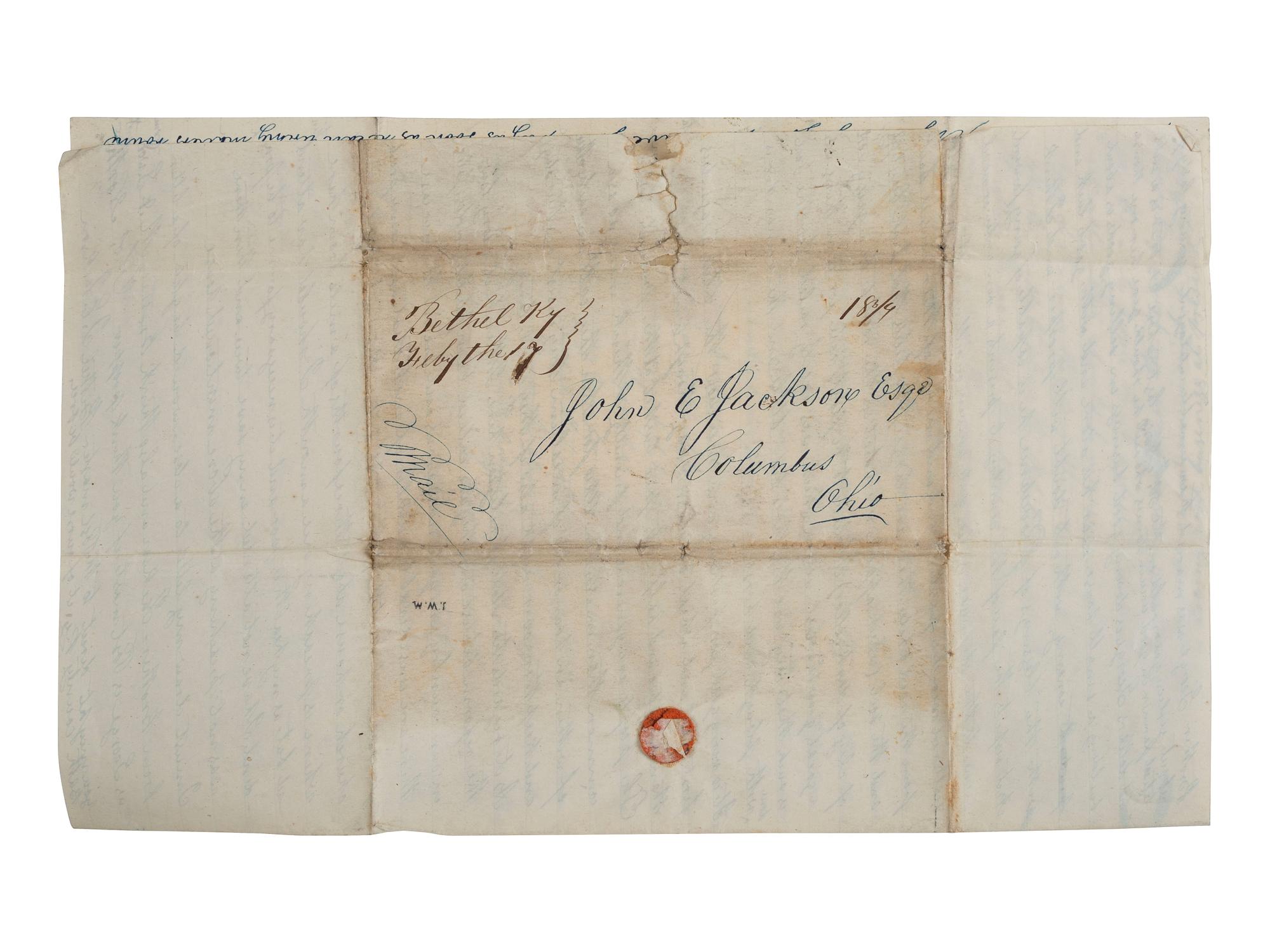 [SLAVERY & ABOLITION]. NORTH, Thomas. Autograph letter signed ("Thos. North"). Bethel, KY, 8 February 1844. Extensive discussion of Ohio abolitionists and enslavement in Kentucky.