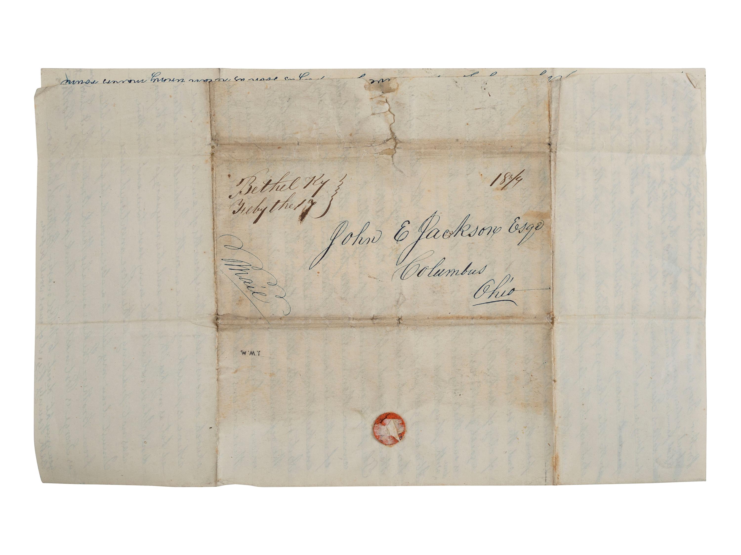 [SLAVERY & ABOLITION]. NORTH, Thomas. Autograph letter signed ("Thos. North"). Bethel, KY, 8 February 1844. Extensive discussion of Ohio abolitionists and enslavement in Kentucky.