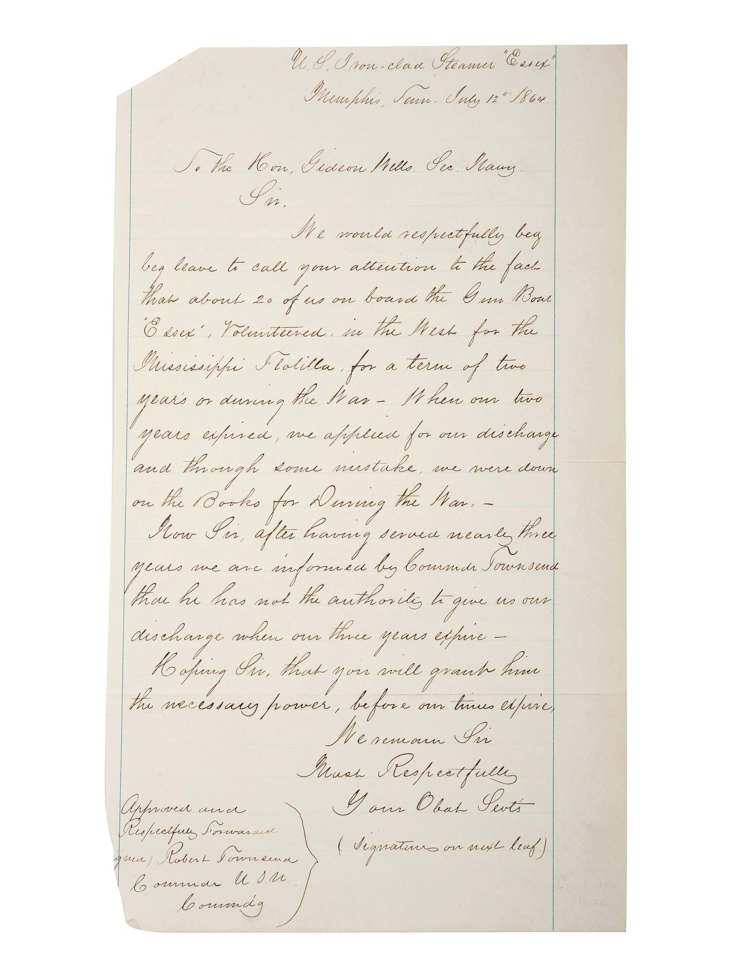 [CIVIL WAR - NAVY]. PORTER, David Dixon (1813-1891). Autograph endorsement signed ("David D. Porter / Rear Aml") on verso of document written on behalf of and listing 25 crew members of the US Ironclad Steamer " Essex ."