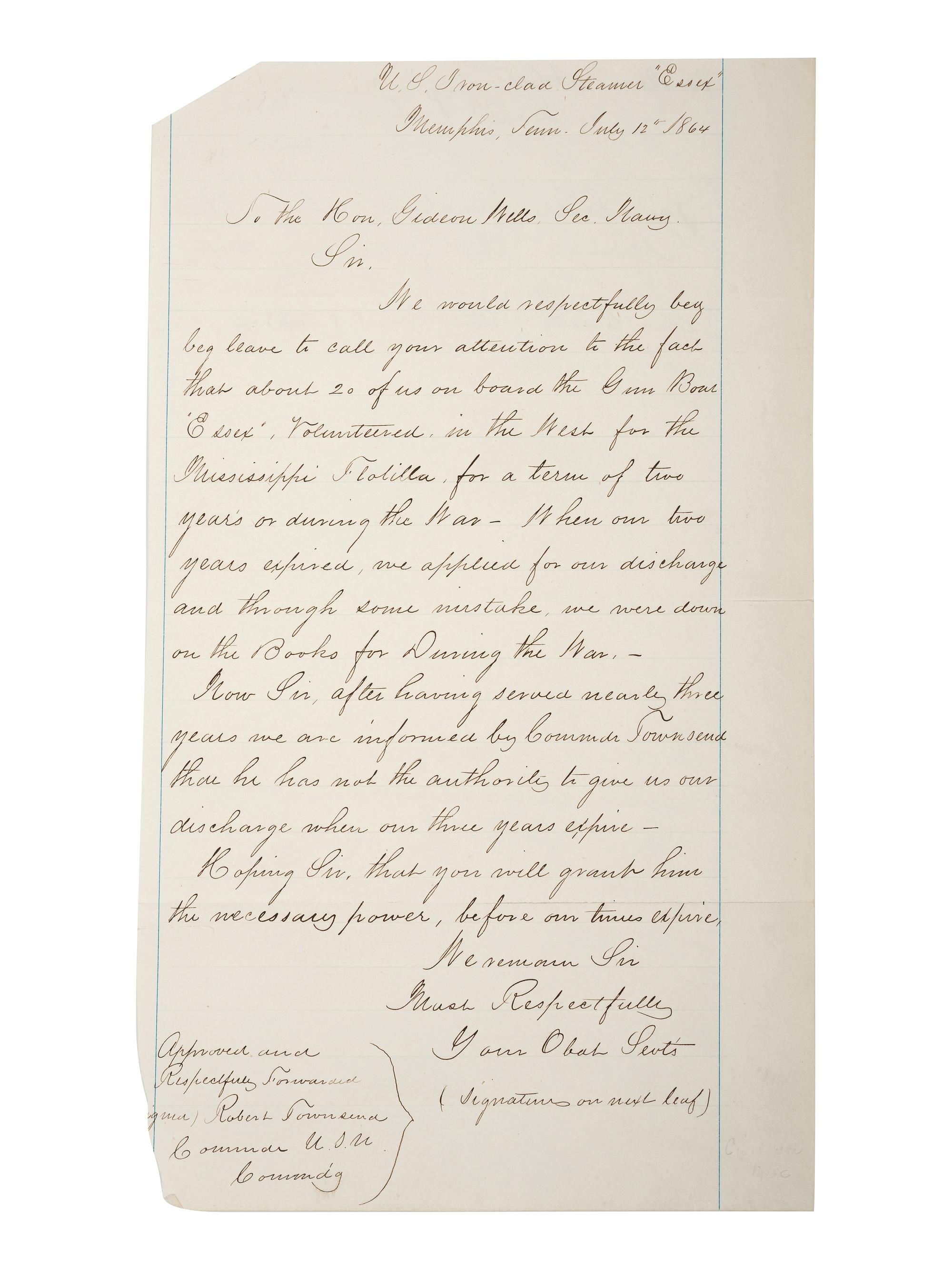 [CIVIL WAR - NAVY]. PORTER, David Dixon (1813-1891). Autograph endorsement signed ("David D. Porter / Rear Aml") on verso of document written on behalf of and listing 25 crew members of the US Ironclad Steamer " Essex ."