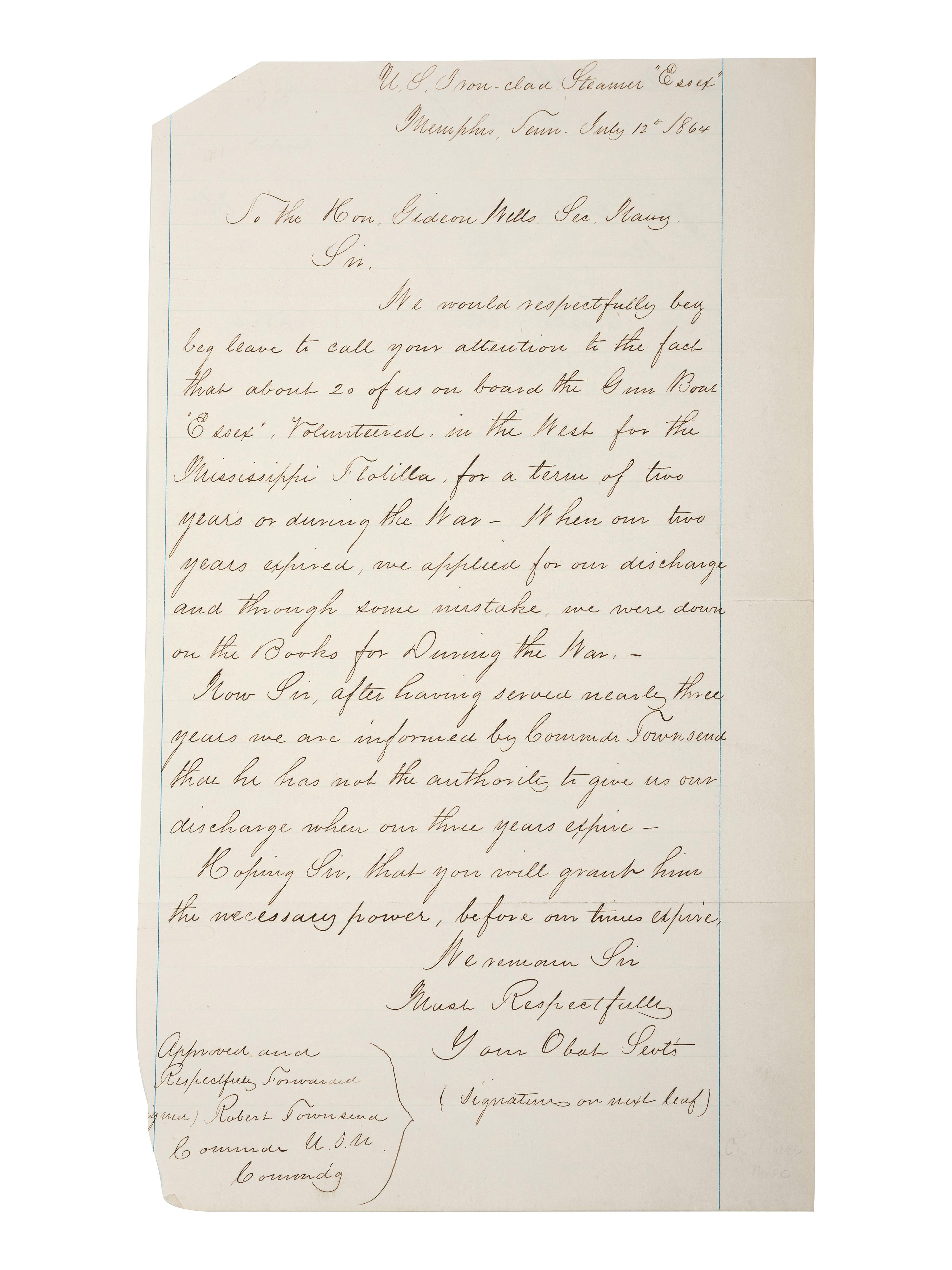 [CIVIL WAR - NAVY]. PORTER, David Dixon (1813-1891). Autograph endorsement signed ("David D. Porter / Rear Aml") on verso of document written on behalf of and listing 25 crew members of the US Ironclad Steamer " Essex ."