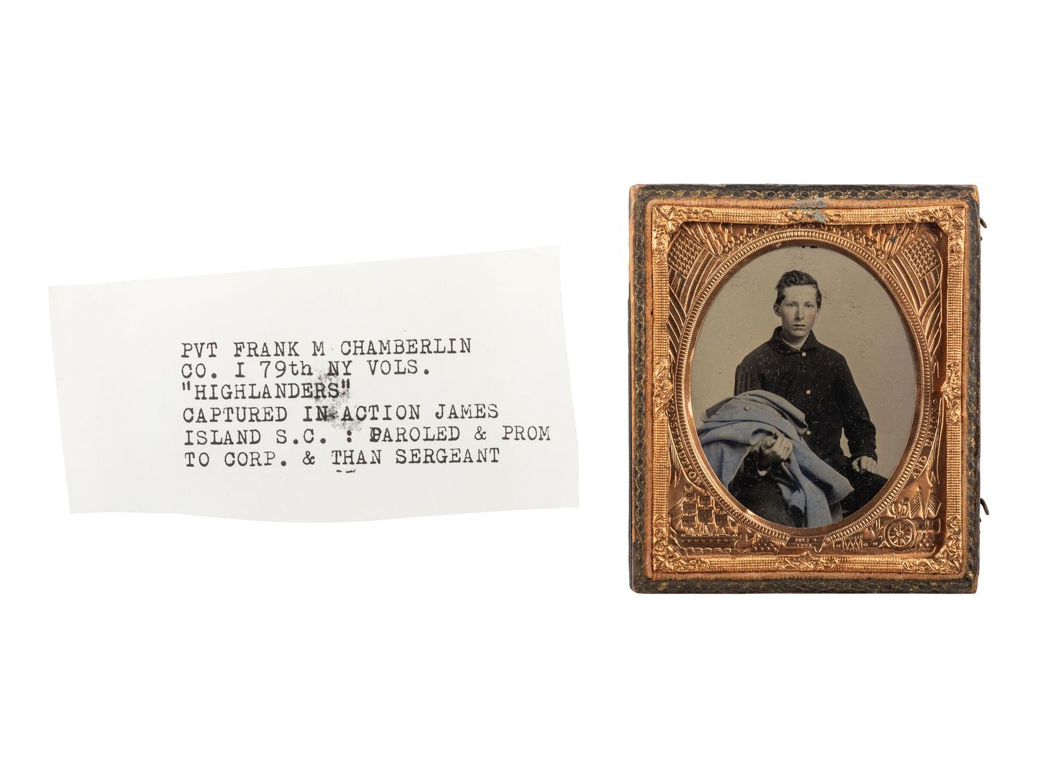 [CIVIL WAR]. Sixth plate ambrotype of Frank M. Chamberlin, Co. I, 79th New York Volunteers. N.p., ca 1862.