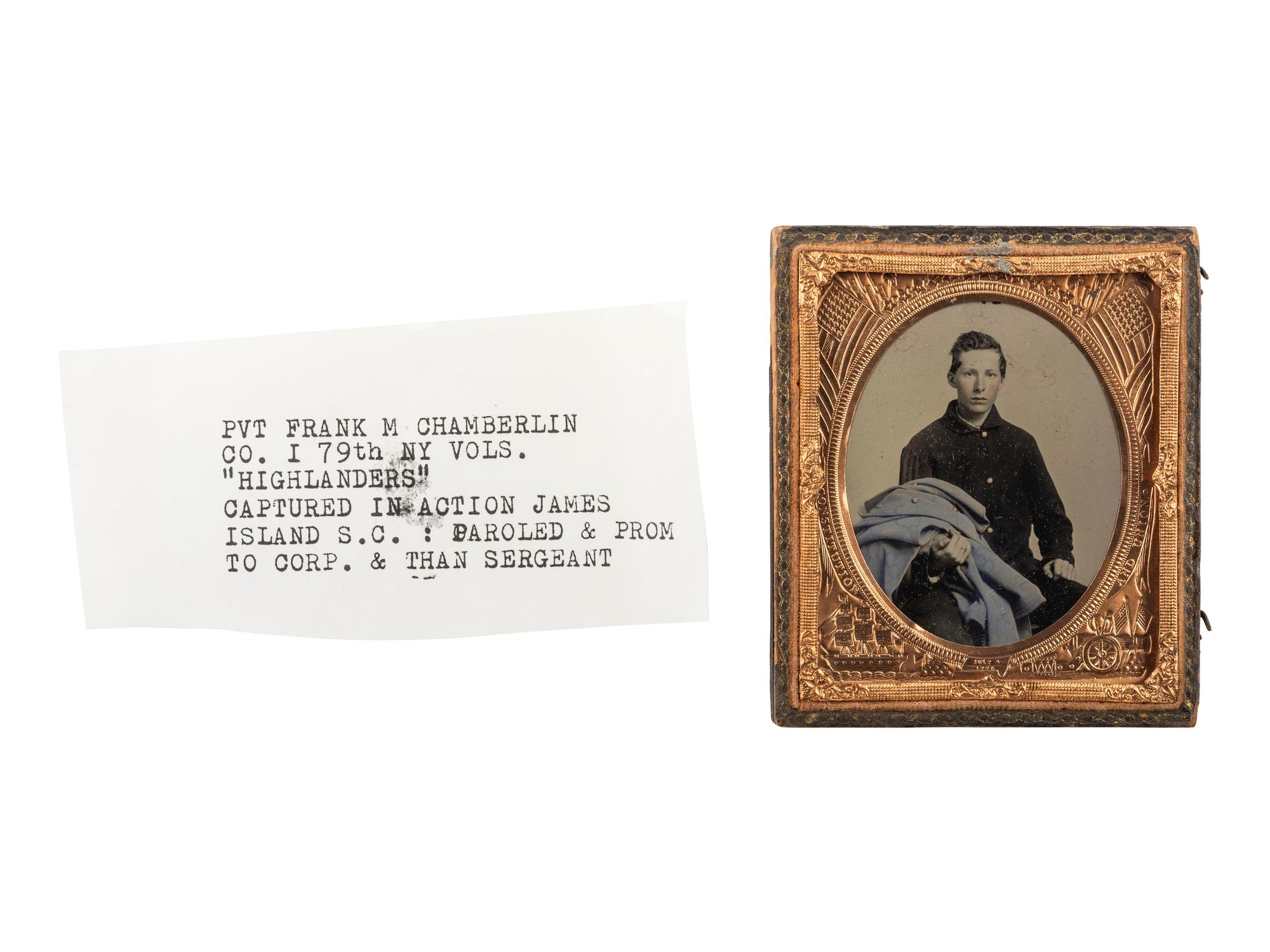 [CIVIL WAR]. Sixth plate ambrotype of Frank M. Chamberlin, Co. I, 79th New York Volunteers. N.p., ca 1862.