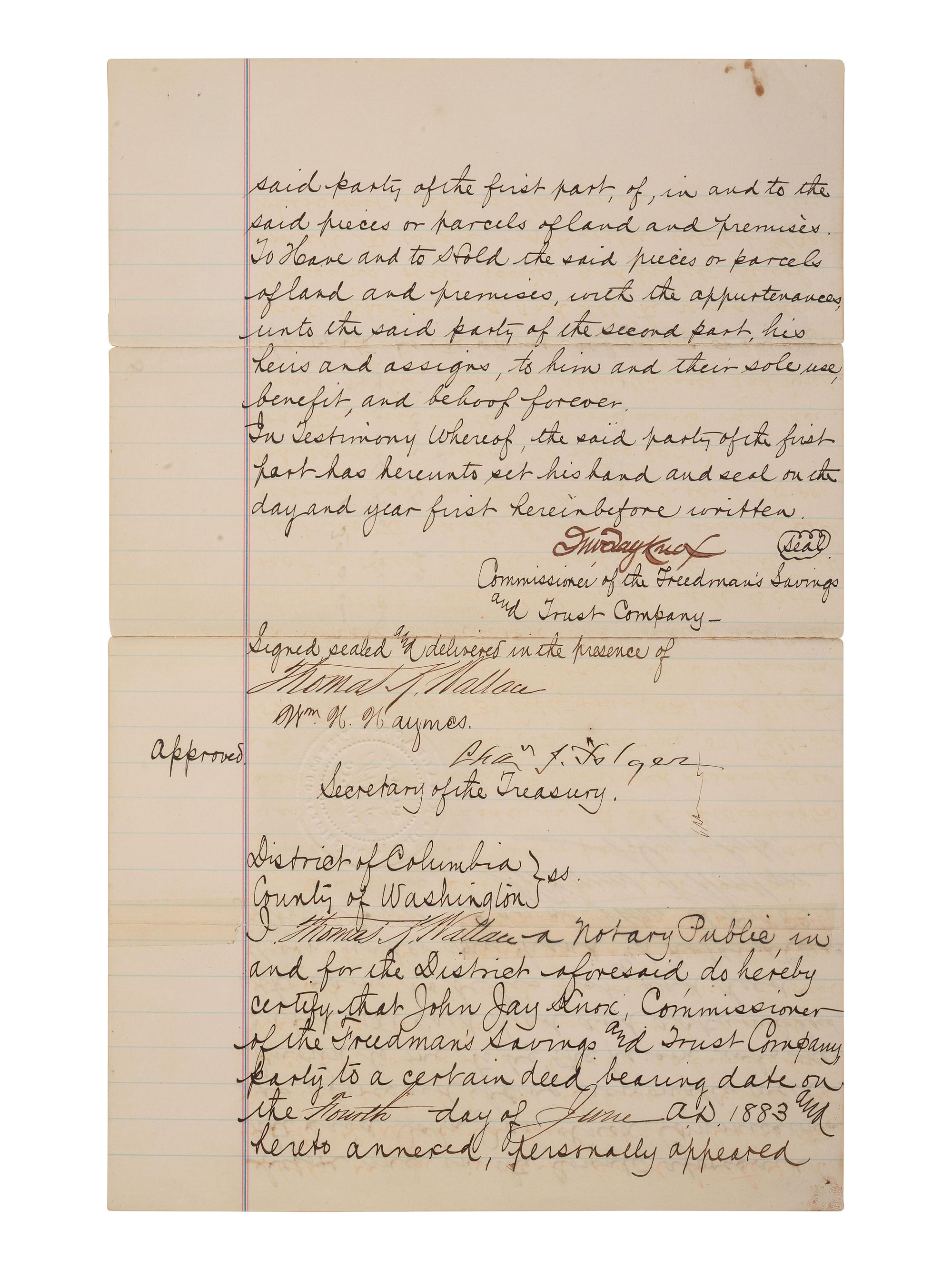 DOUGLASS, Frederick (ca 1818-1895). Land indenture involving the Freedman's Savings and Trust Company. Washington, DC, 4 June 1883. Signed by John Jay KNOX, Charles J. FOLGER, and Frederick DOUGLASS.