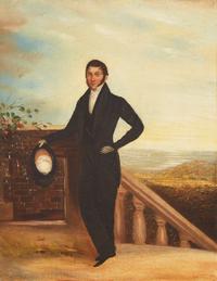 Anglo-American School 19th century, Small Portrait of a Man Holding Top Hat
