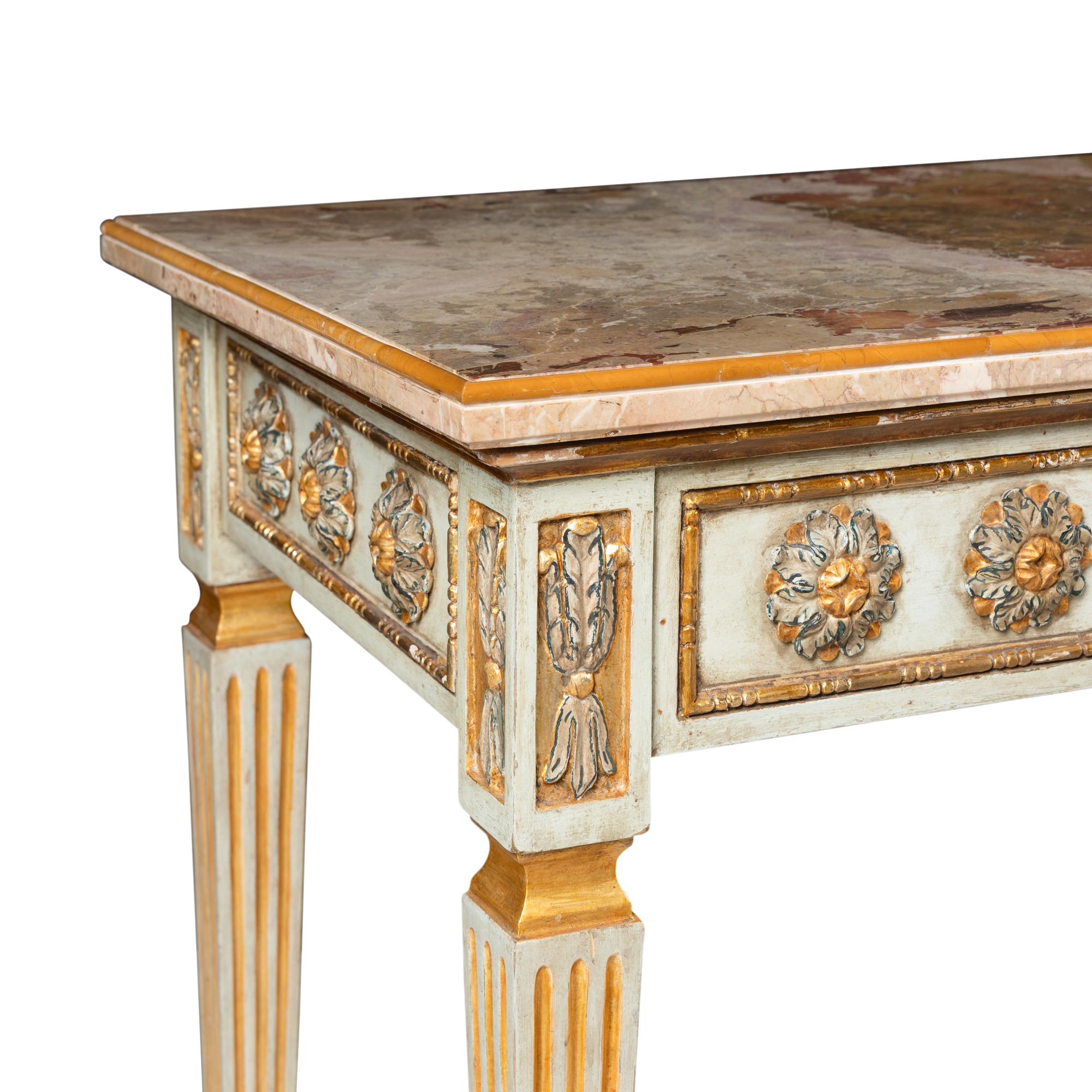 A Pair of Italian Neoclassical Painted and Parcel Gilt Console Tables