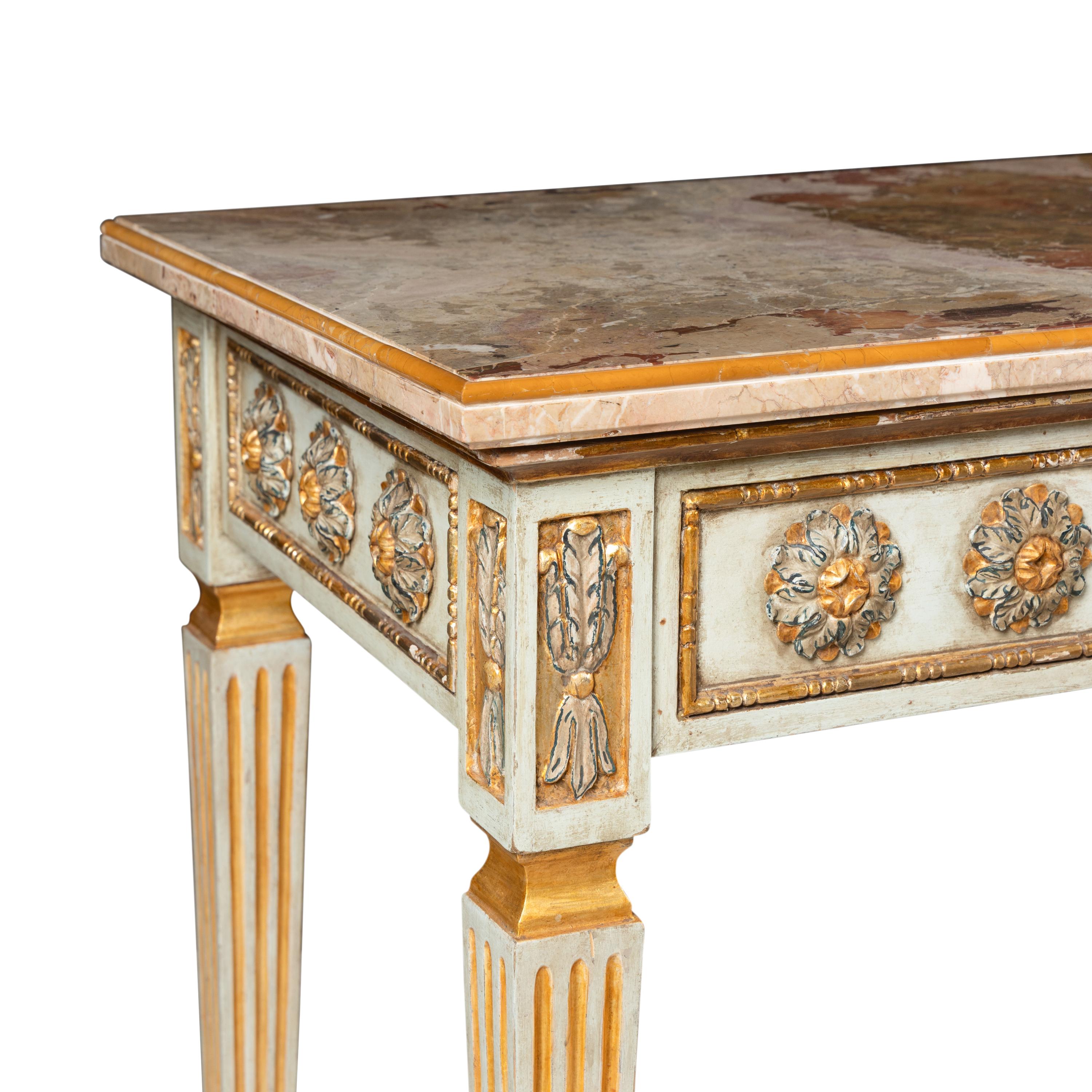 A Pair of Italian Neoclassical Painted and Parcel Gilt Console Tables
