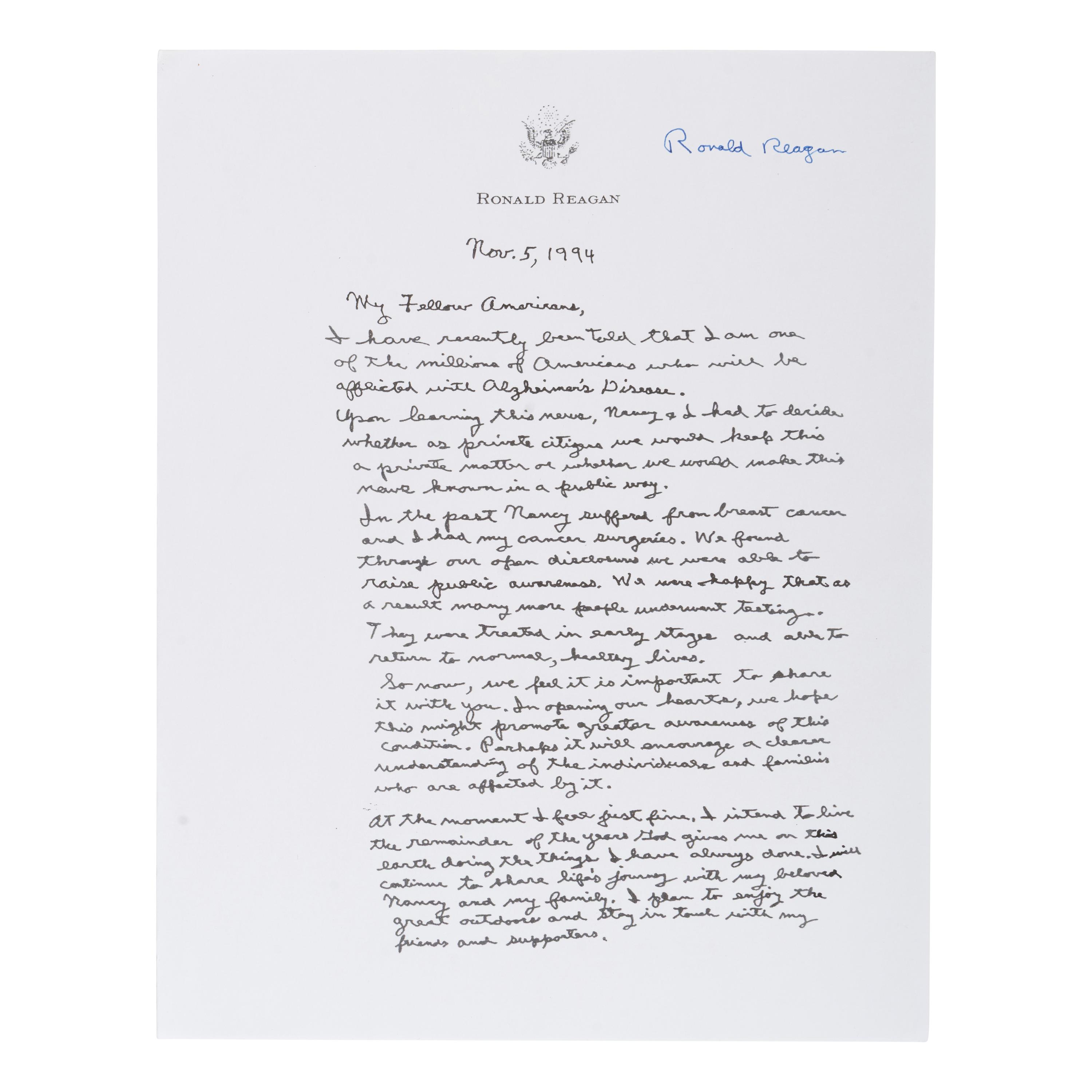 Reagan, Ronald (1911-2004). Photocopied speech signed ("Ronald Reagan"), ca 1995.