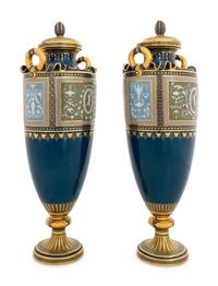 A Pair of Mintons Pâte-sur-Pâte Peacock Blue Covered Urns