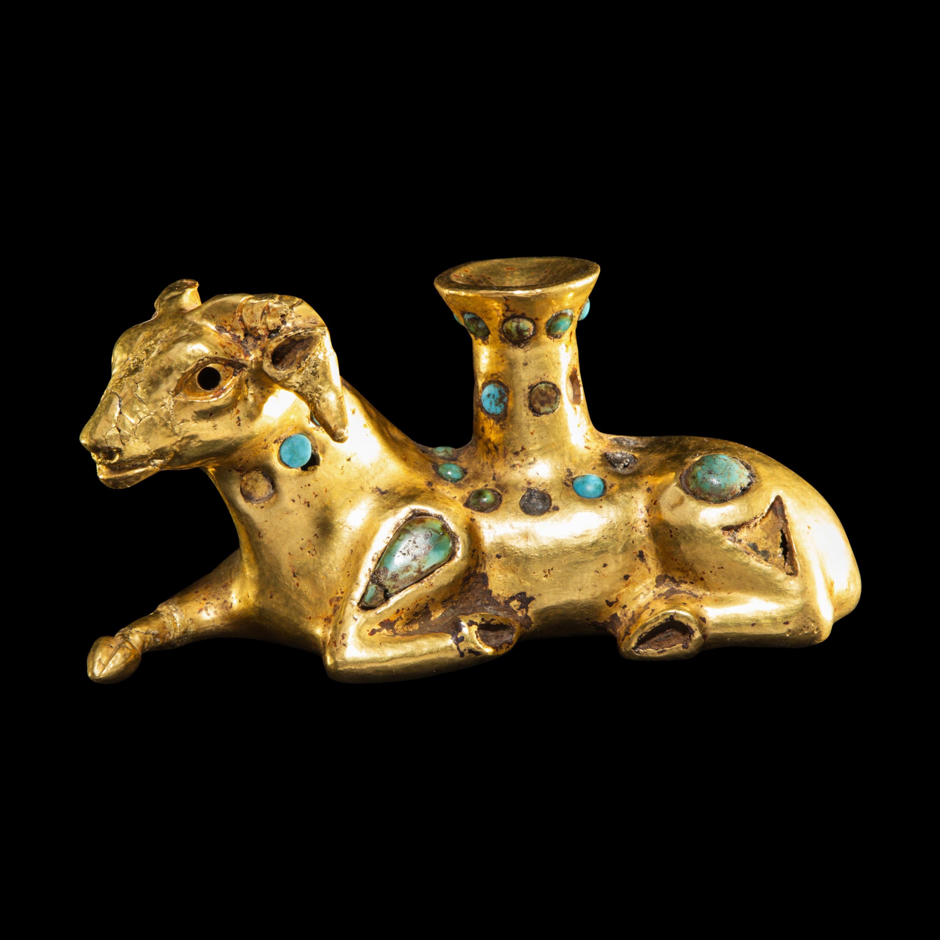 A Eurasian Gold and Turquoise Inlay Vessel in the form of a Recumbent Ram