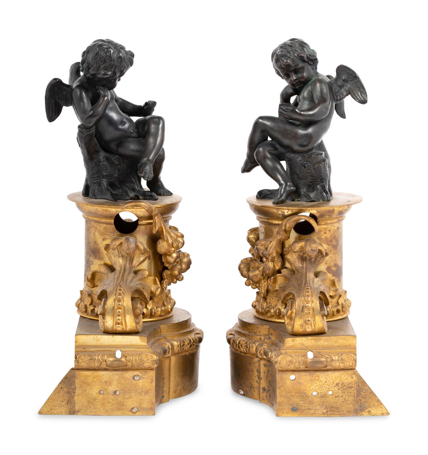 A Pair of French Gilt and Patinated Bronze Figural Chenets