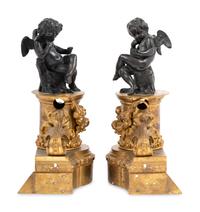 A Pair of French Gilt and Patinated Bronze Figural Chenets