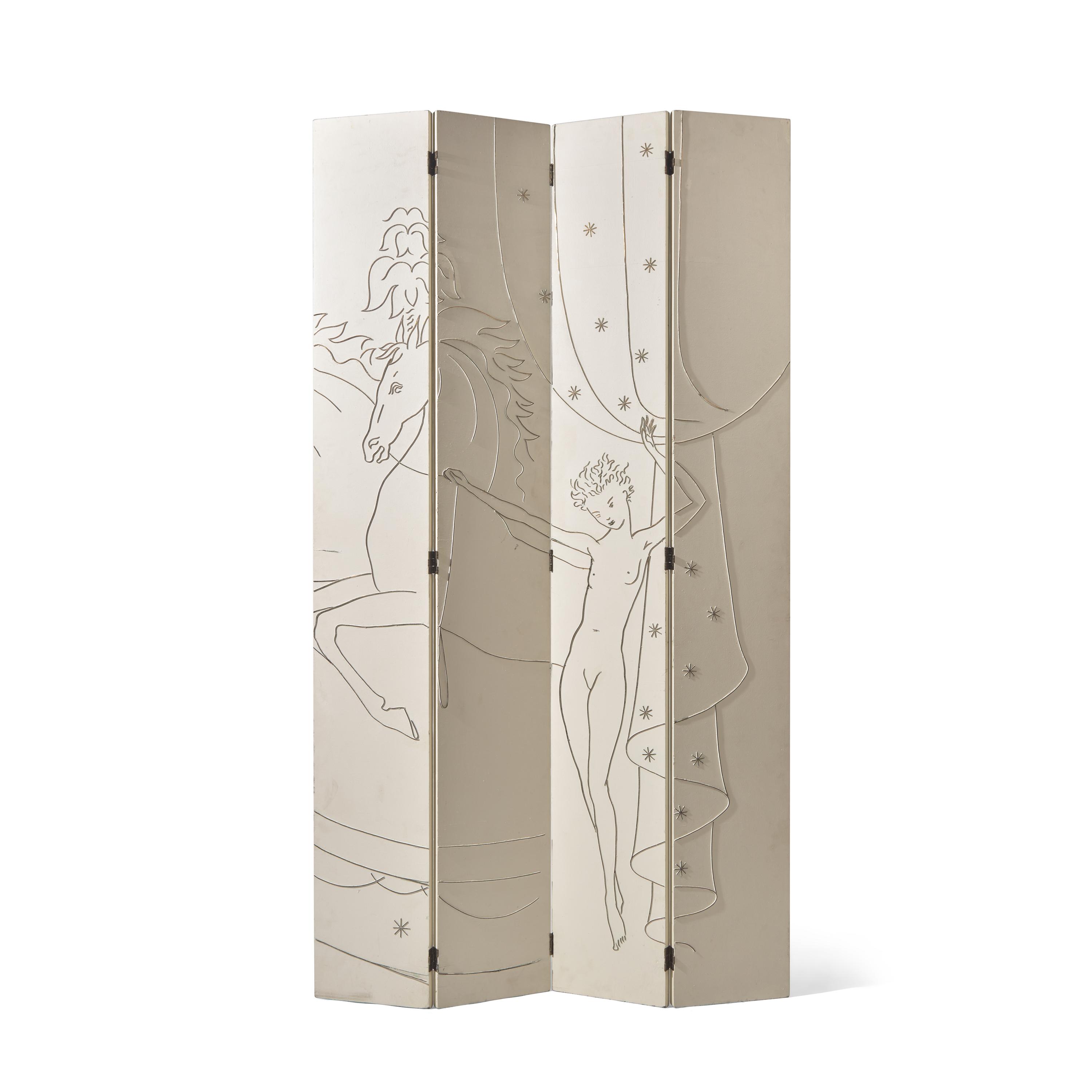 An Art Deco Brass-Inlaid and Painted Wood Four-Panel Screen from an Ocean Liner