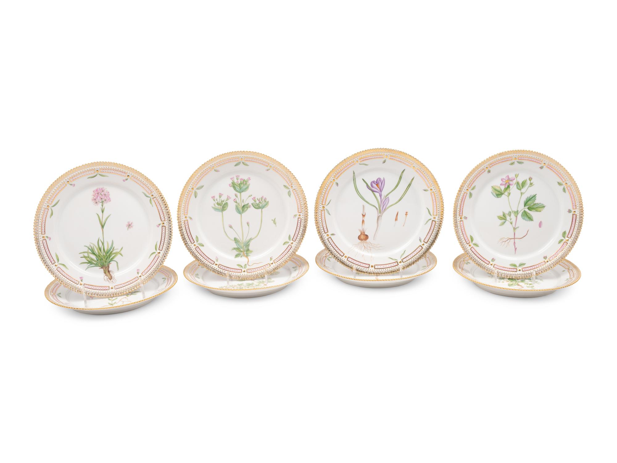 A Set of Eight Royal Copenhagen Flora Danica Porcelain Luncheon Plates